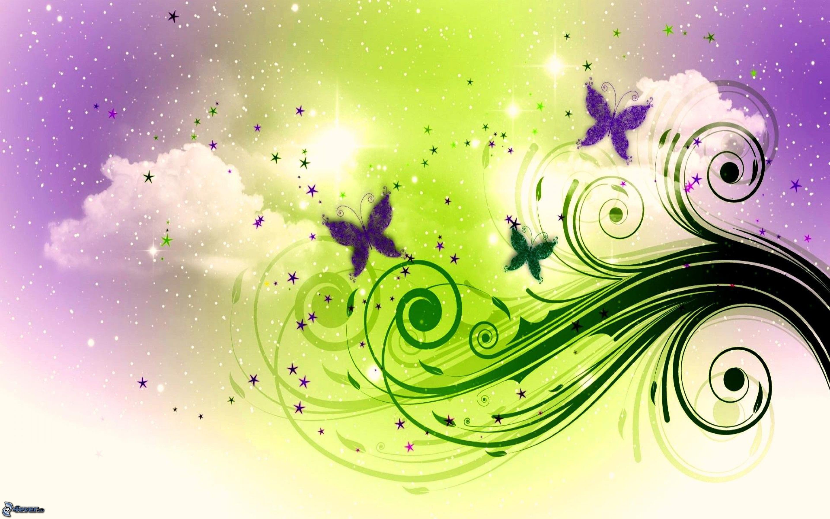 Farfalle, Volute, Verde, Viola, 2K, sfondo Windows 11