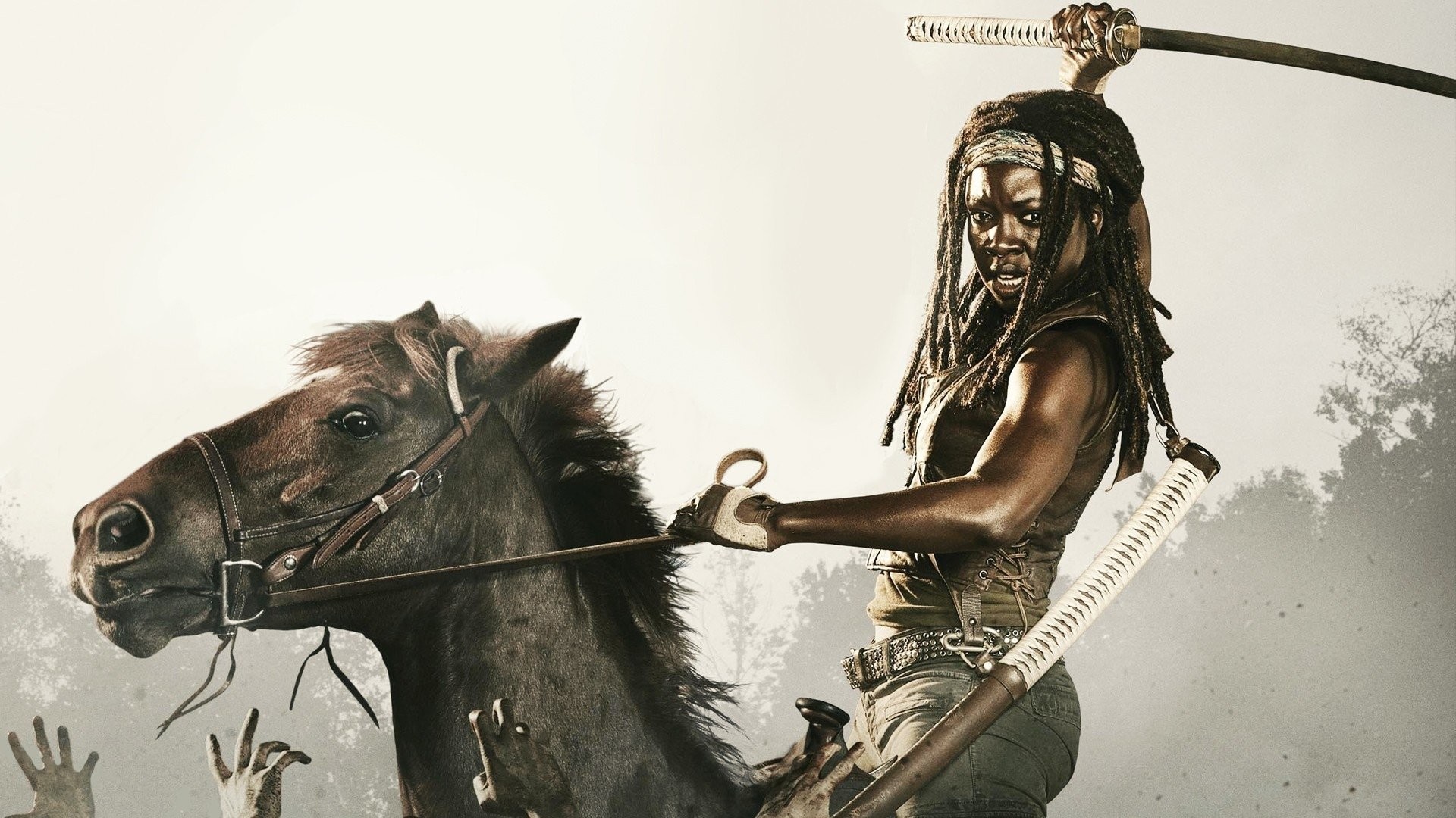 The Walking Dead, Michonne, Danai Gurira, Katana, Cavallo, 16:9 Full HD, sfondo widescreen