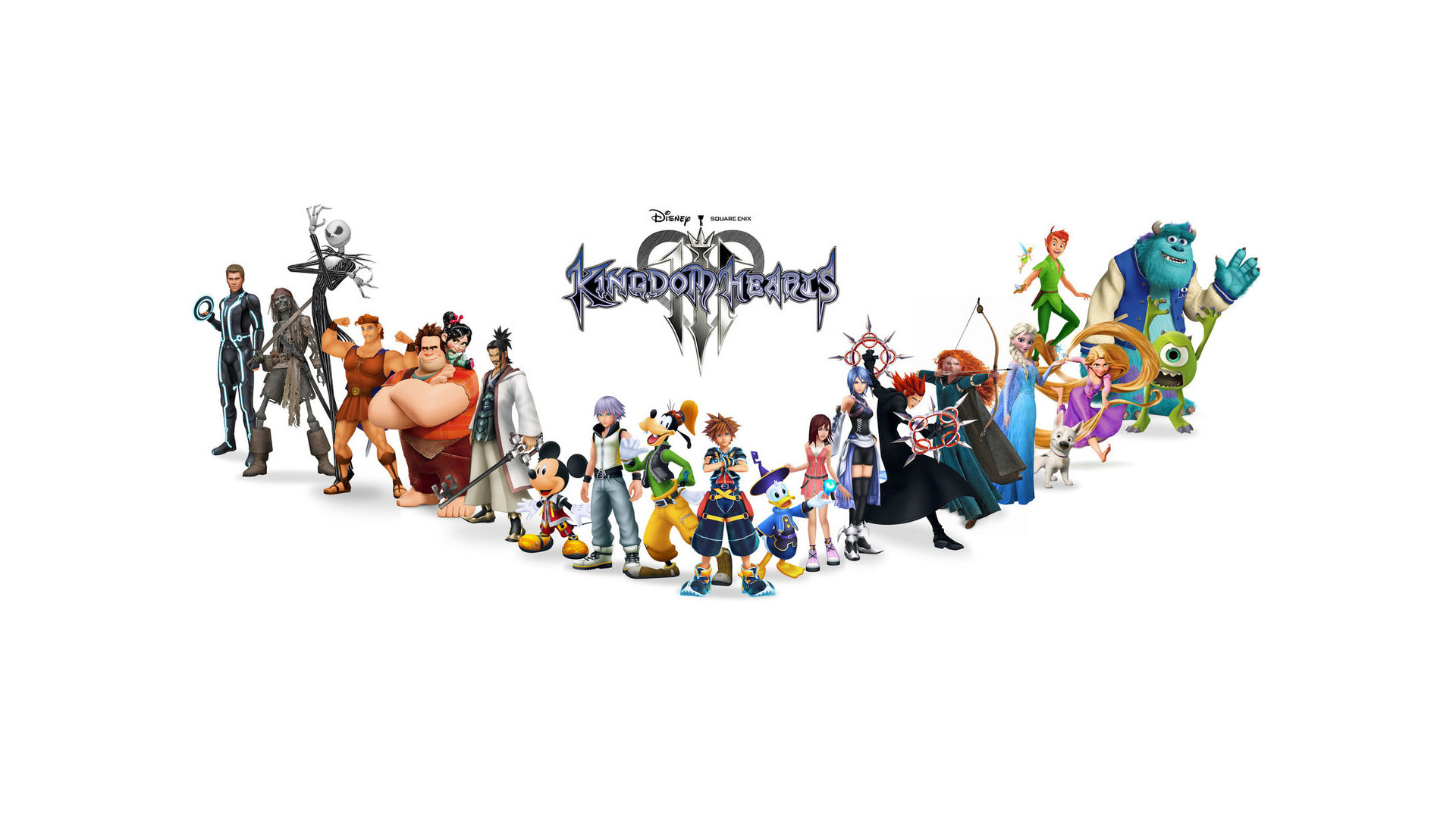 Kingdom Hearts III, Personaggi Disney, Sora, Pixar, Sfondo bianco, wallpaper Windows 11