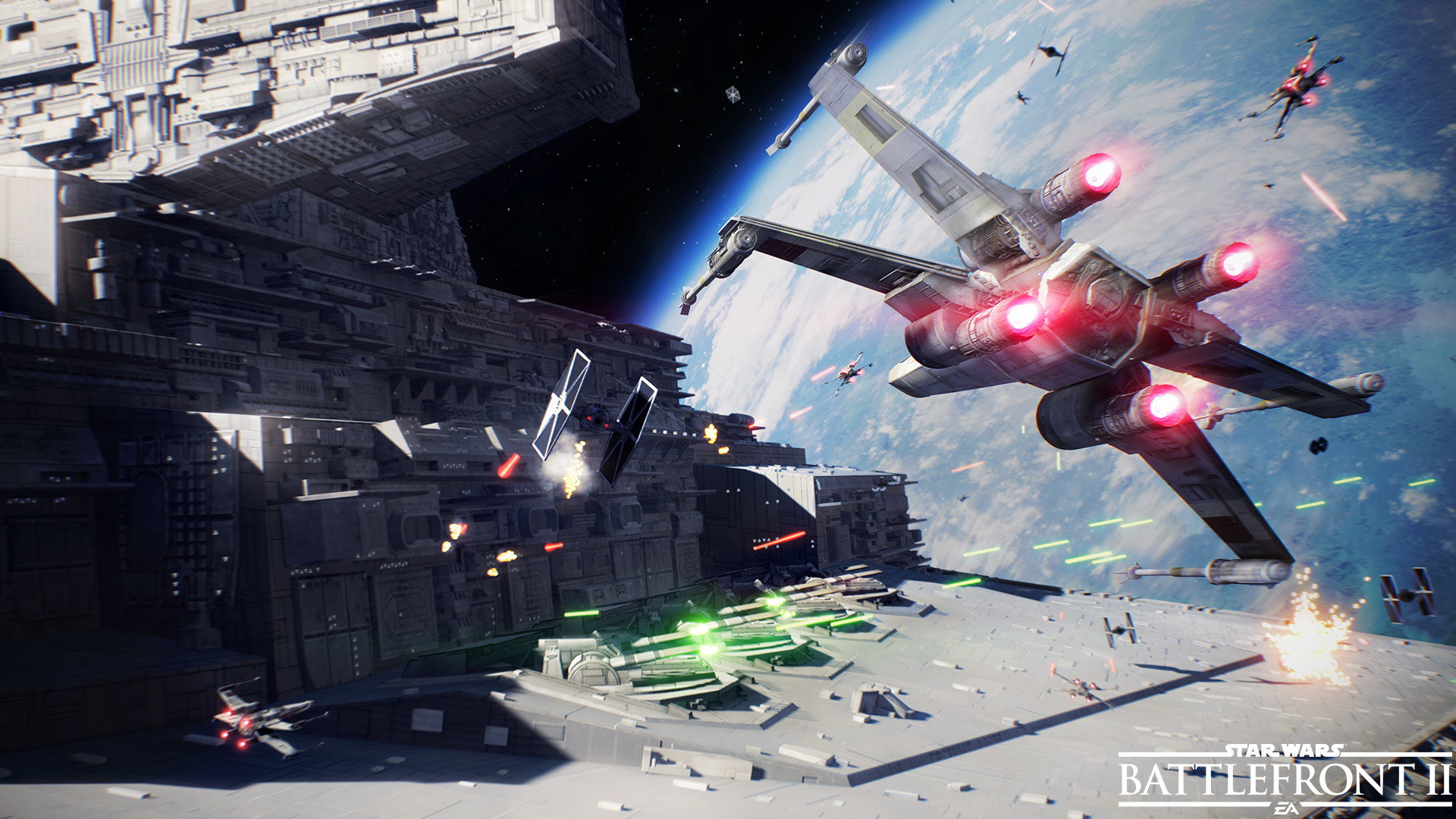 Star Wars Battlefront II, X-wing, Star Destroyer, Battaglia spaziale, sfondo widescreen Full HD
