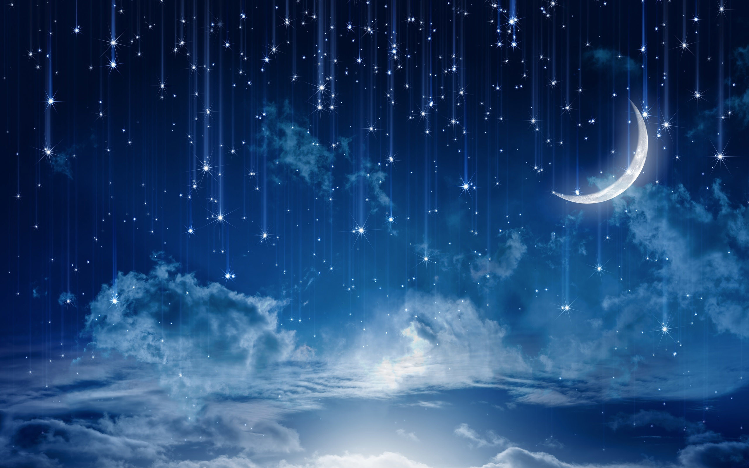 Luna crescente, Stelle cadenti, Nuvole, Notte, Blu, 2K, sfondo per PC e portatile