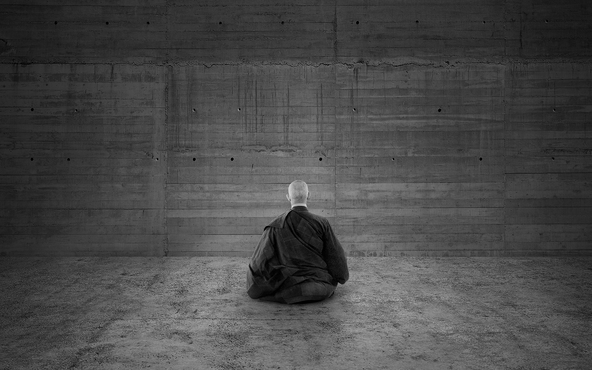 Monaco zen, Zazen, Meditazione, Bianco e nero, Muro di cemento, 1920x1200, immagine di sfondo