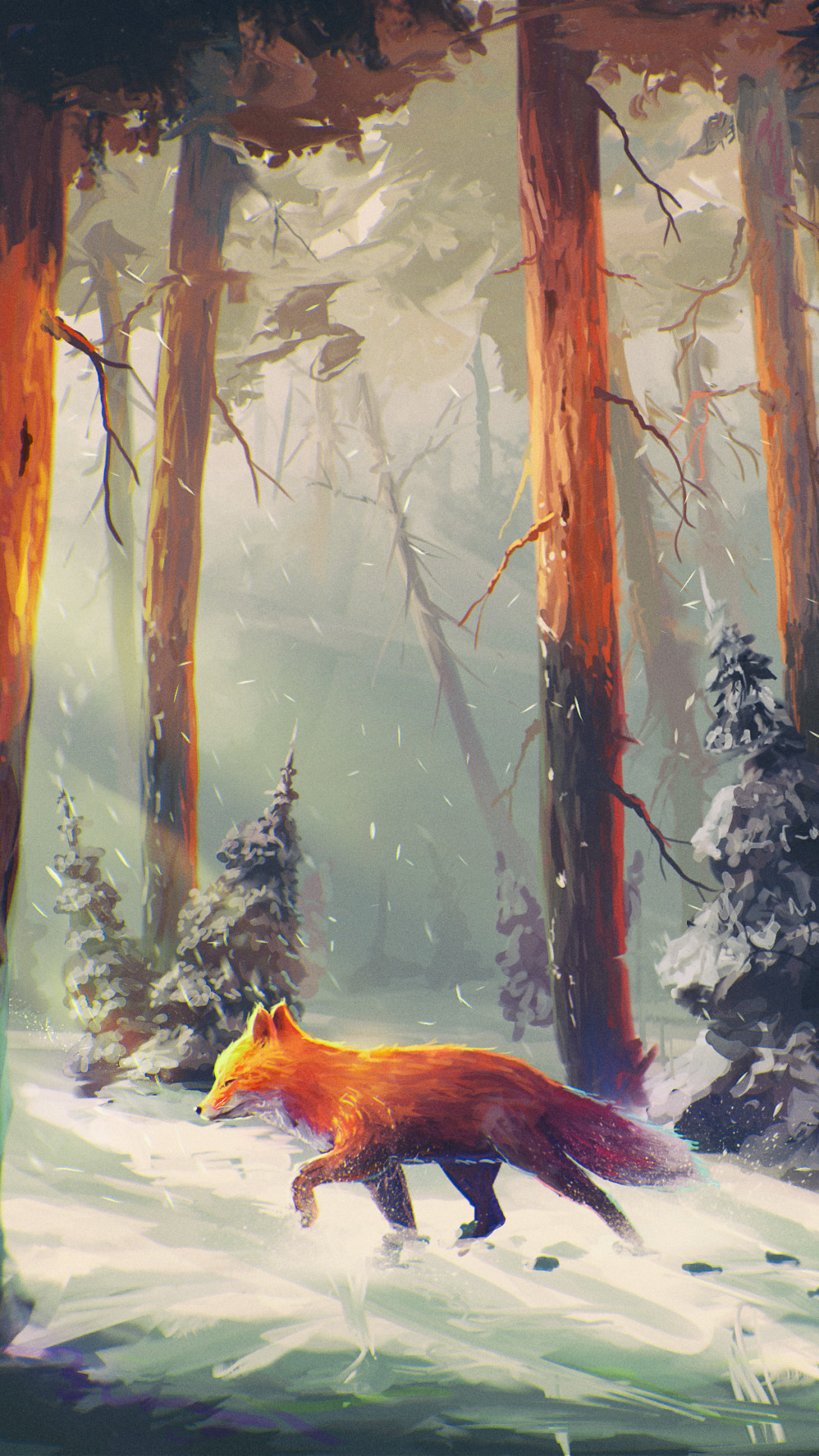Volpe, Foresta, Illustrazione, Neve, sfondo per iPhone e Android