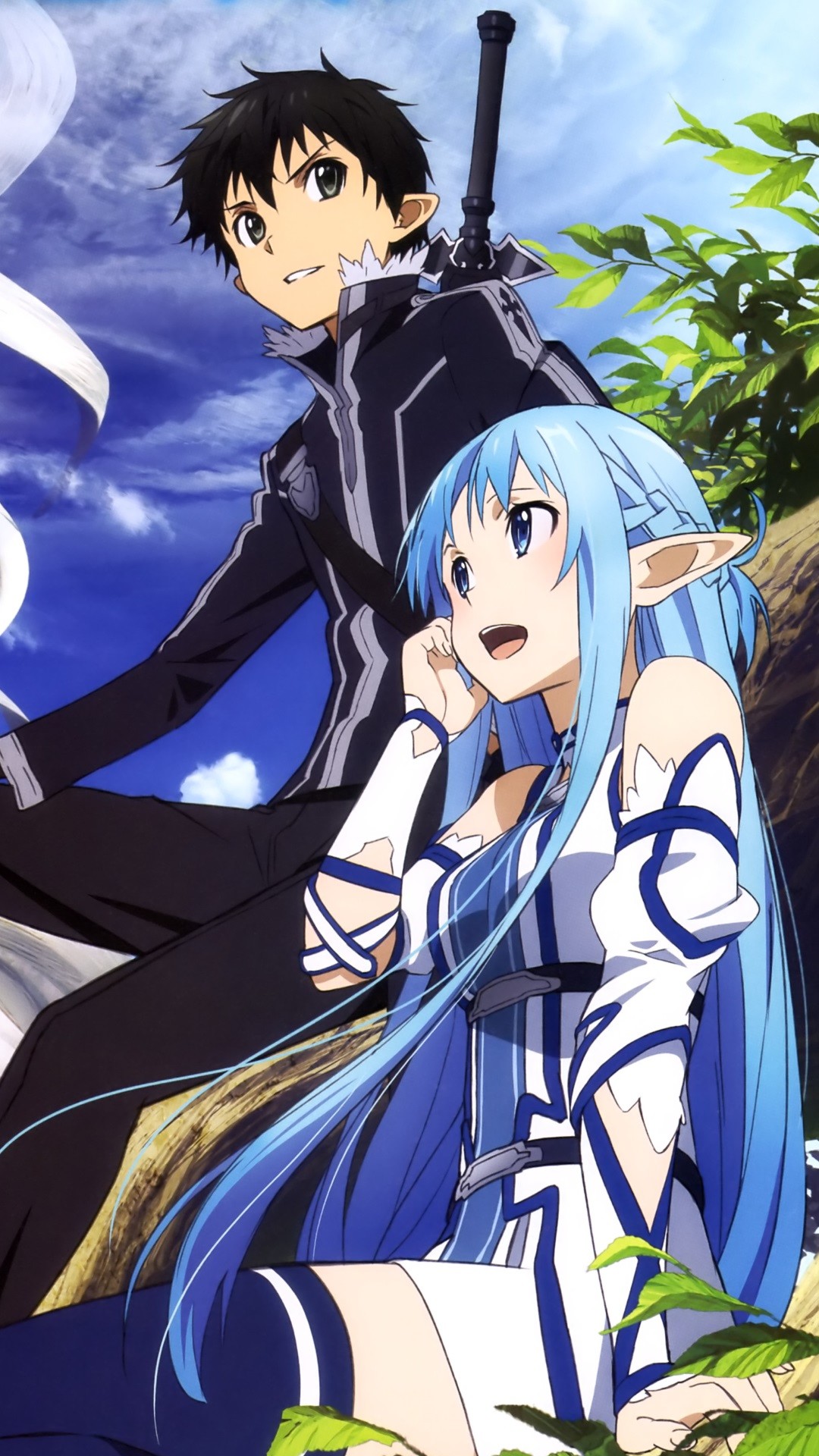 Kirito, Asuna (ALO), Sword Art Online, Elfa, Cielo blu, Full HD, sfondo verticale per cellulare
