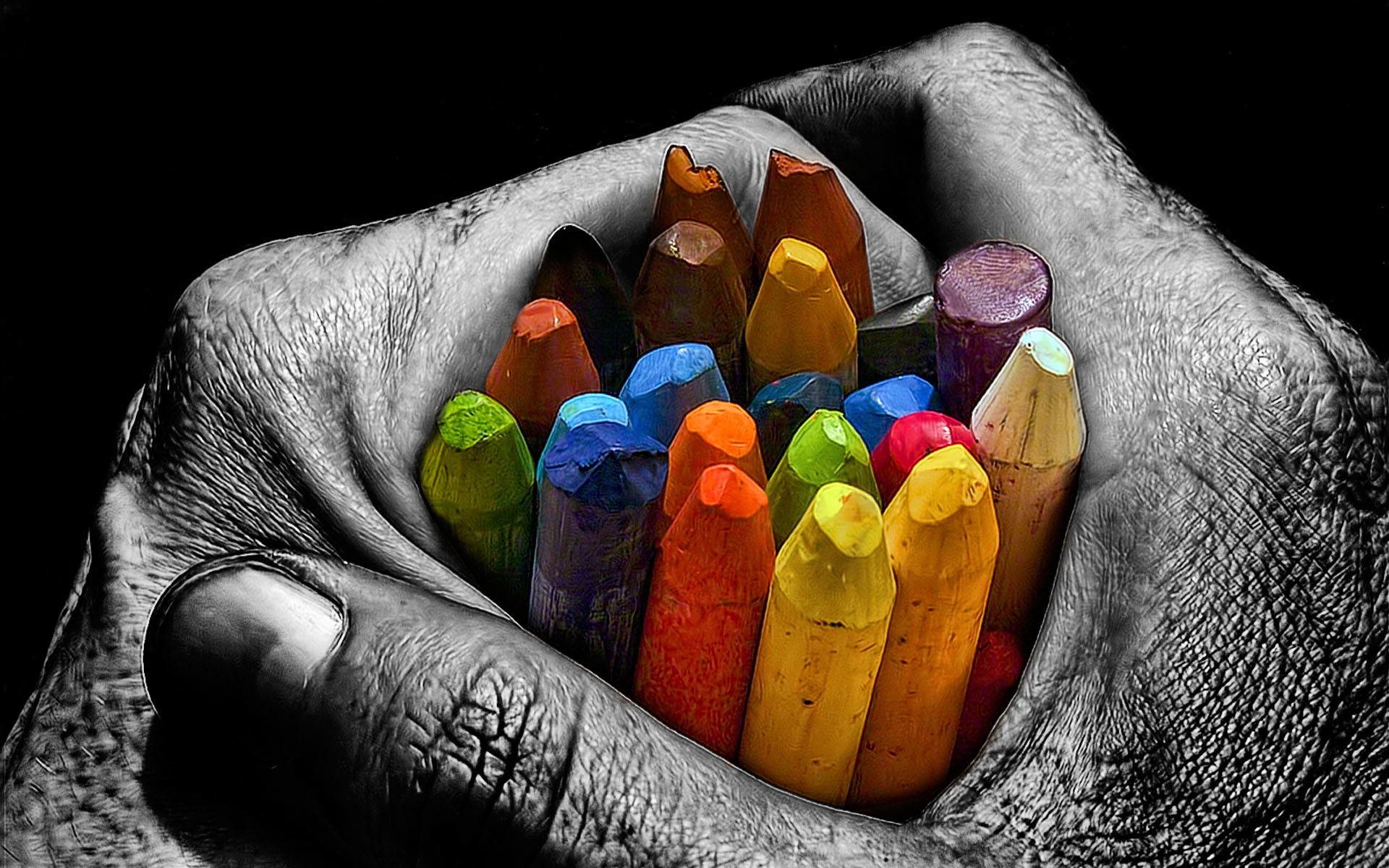 Pastelli a cera, Mani, Bianco e nero, Colori, sfondo per il tuo desktop