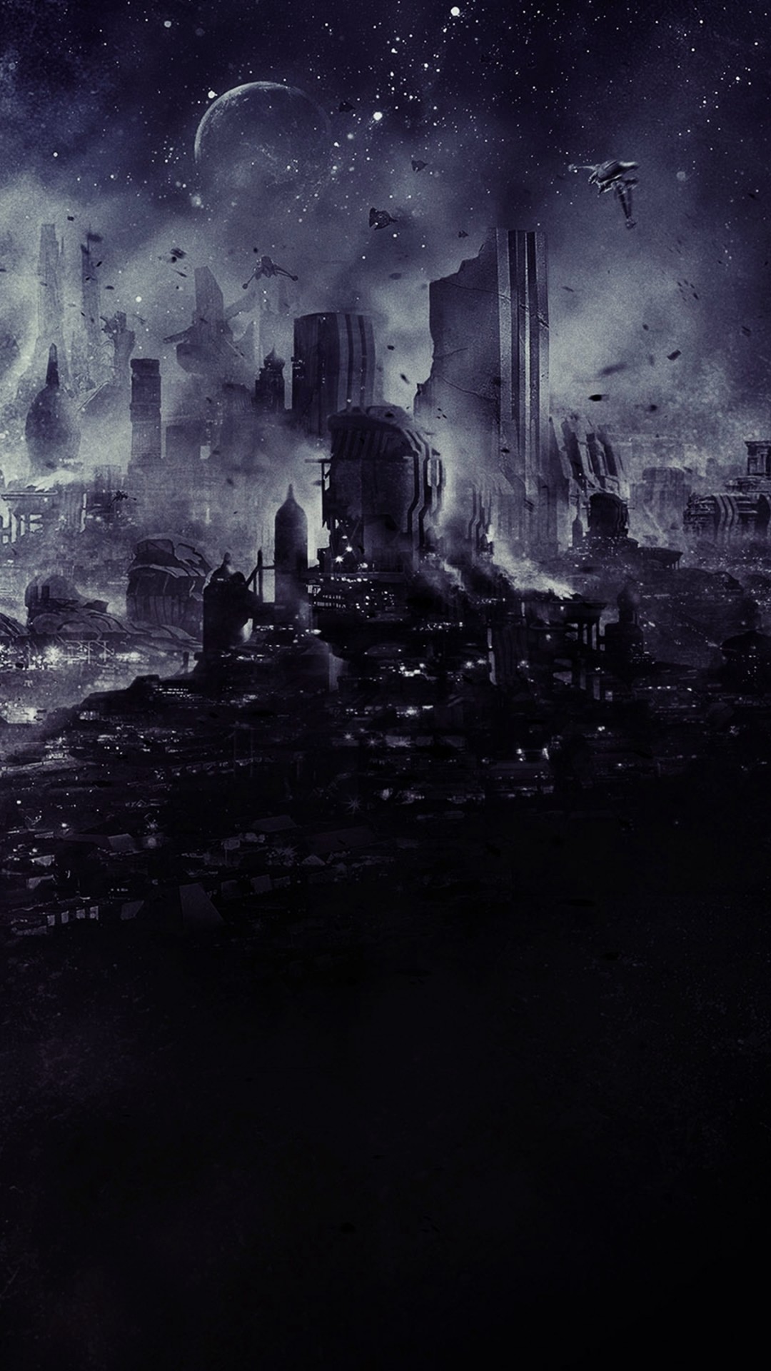 Città in rovina, Notte, Scuro, 1080x1920, schermata di blocco iPhone