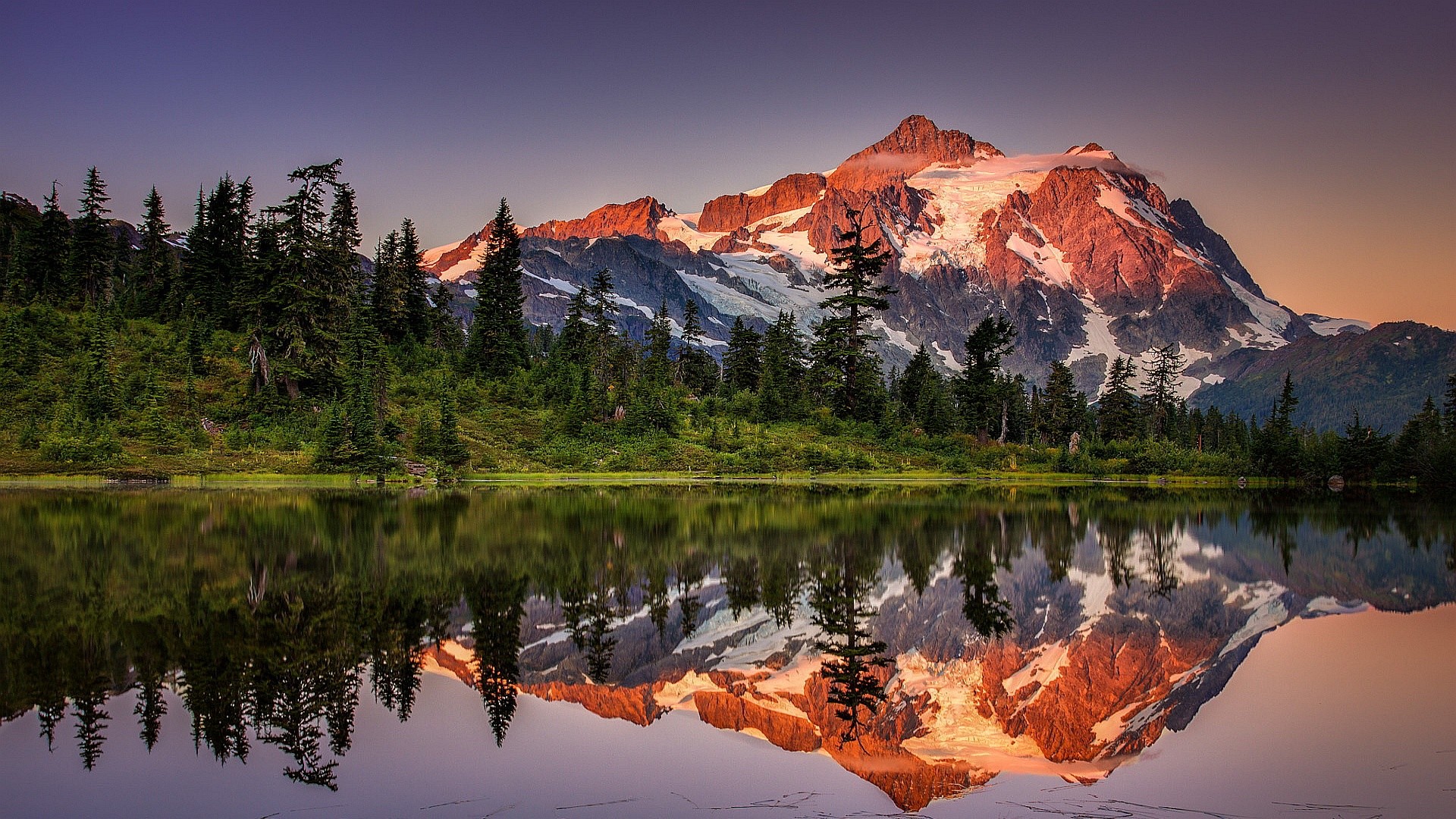 Monte Shuksan, Picture Lake, Riflesso, Tramonto, Full HD, sfondo per desktop