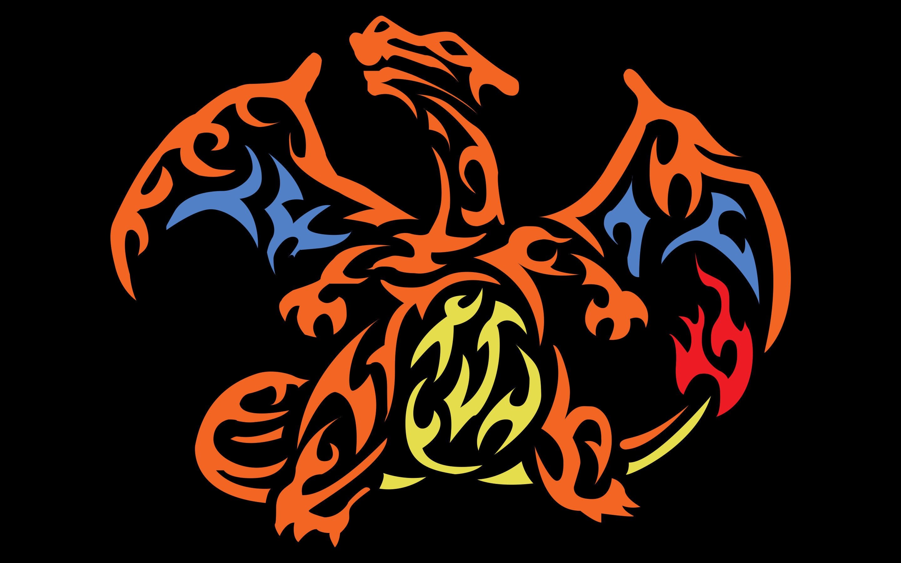 Charizard, Pokémon, Tribale, Arancione, Sfondo nero, 16:10 2K, wallpaper widescreen