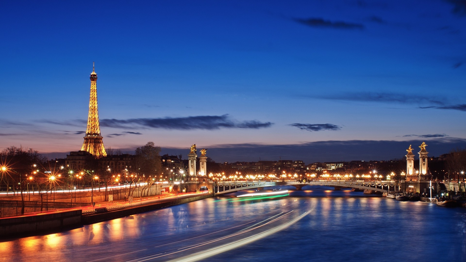 Torre Eiffel, Pont Alexandre III, Senna, Notte, Full HD, sfondo desktop
