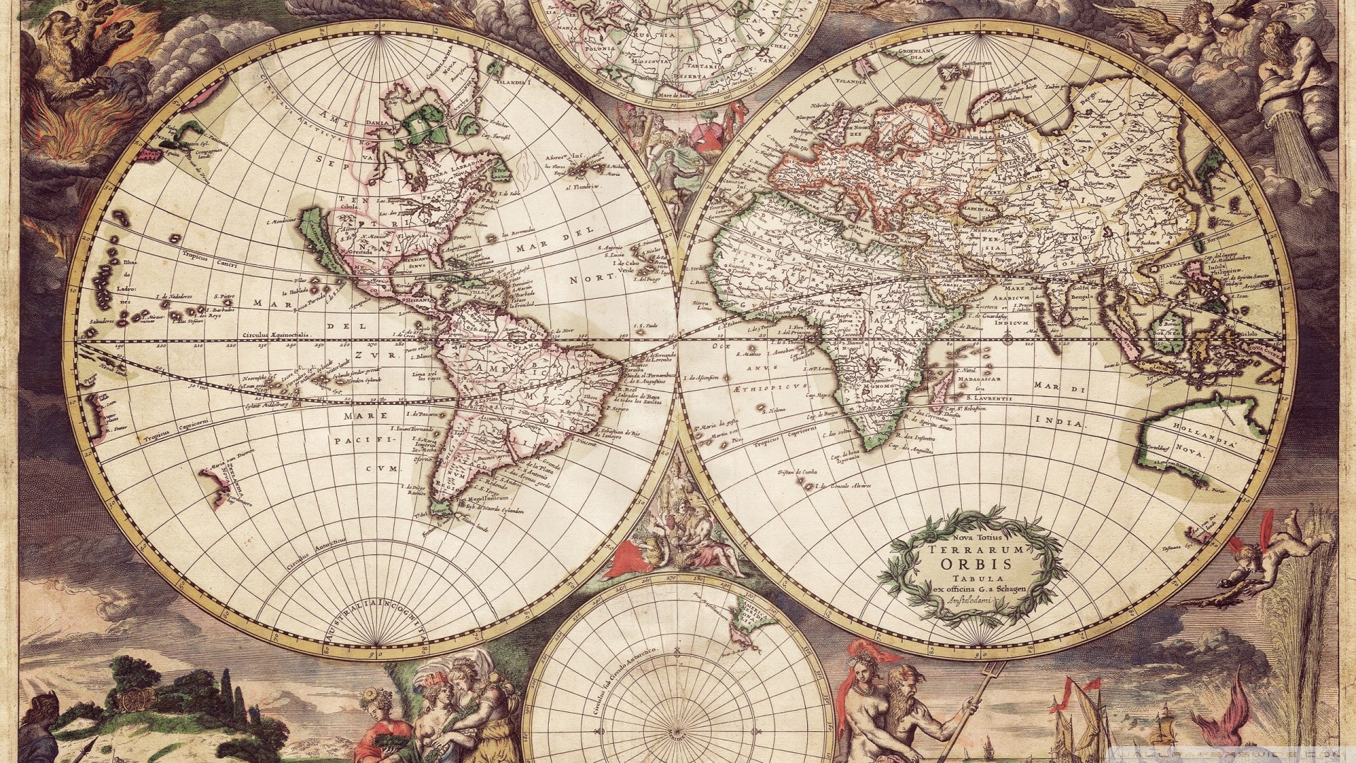 Mappa del mondo, Mappa antica, Doppio emisfero, Vintage, 1920x1080, immagine di sfondo