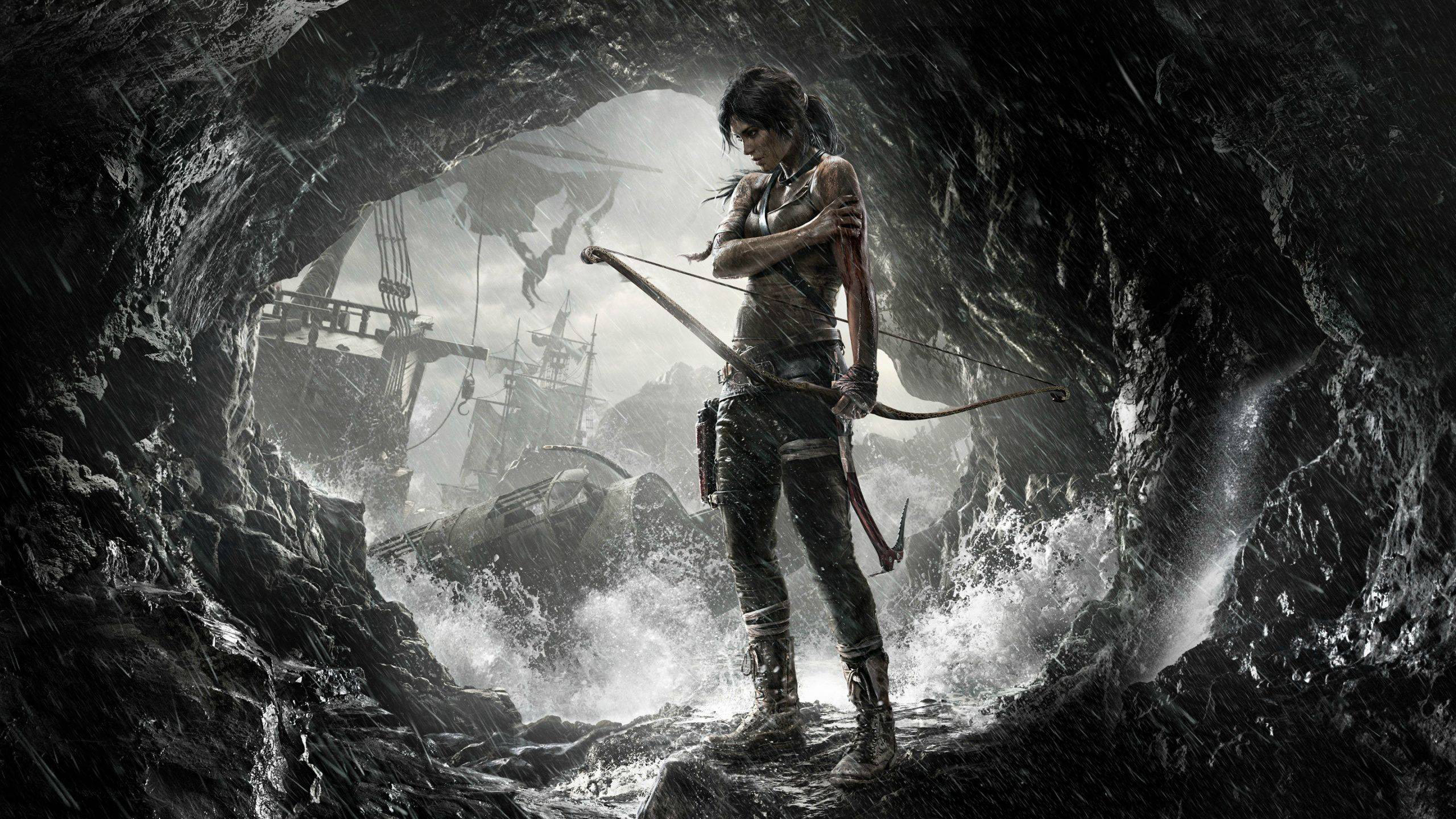 Lara Croft, Tomb Raider, Grotta, Bianco e nero, 2560x1440, sfondo per PC