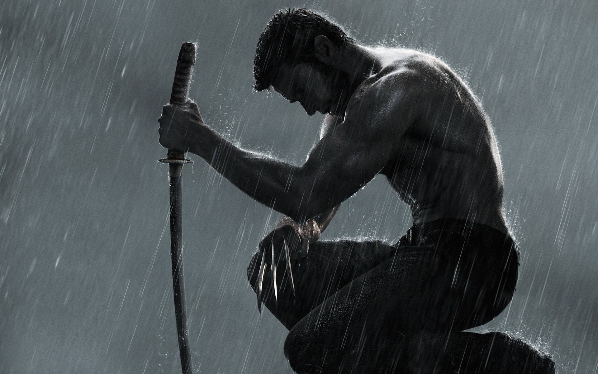 Wolverine, Hugh Jackman, Katana, Pioggia, Bianco e nero, 1920x1200, sfondo per PC