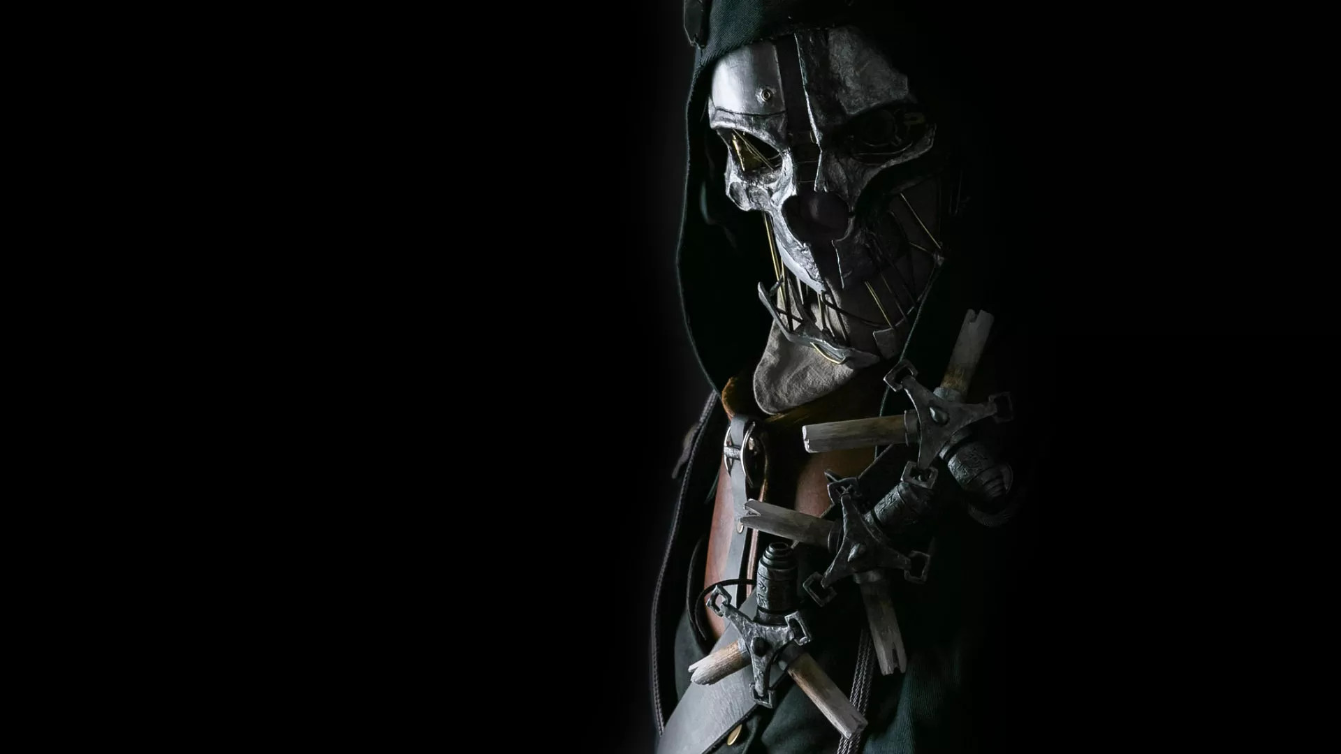 Corvo Attano, Dishonored, Maschera teschio, Sfondo nero, Full HD, wallpaper per computer
