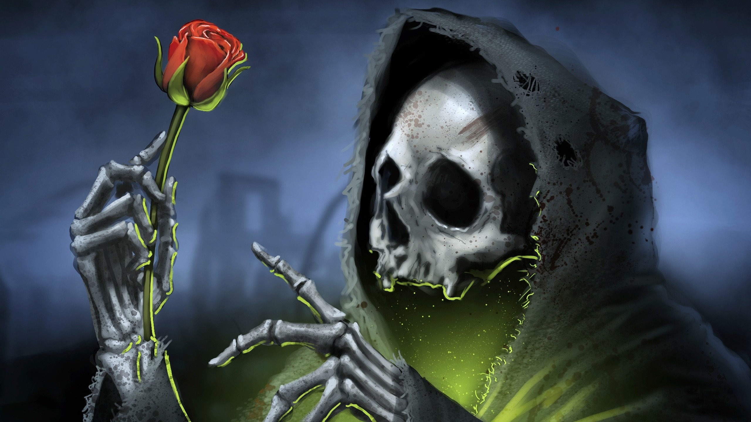 Tristo Mietitore, Teschio, Rosa rossa, Mano scheletrica, Cimitero, Fantasy, sfondo 2K per computer