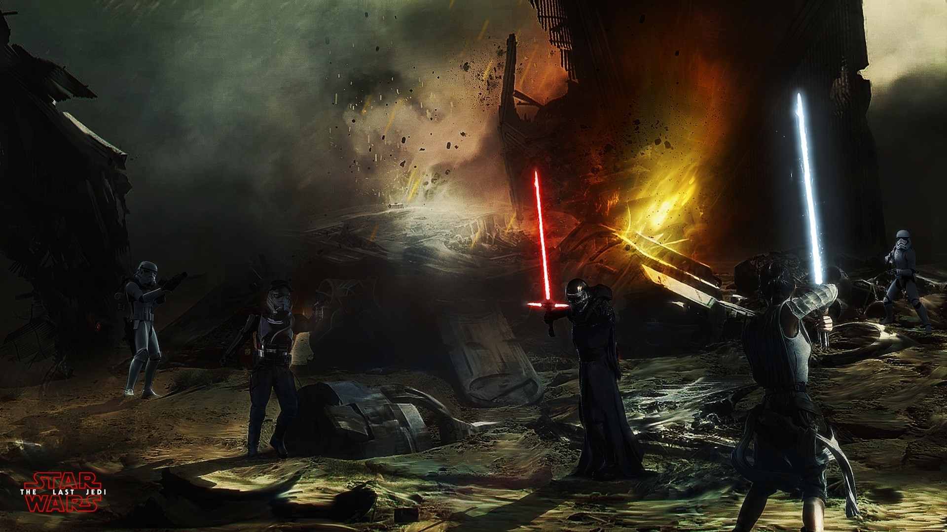 Kylo Ren, Star Wars: Gli ultimi Jedi, Stormtrooper, Battaglia, Spade laser, Incendio, Arte concettuale, sfondo per PC