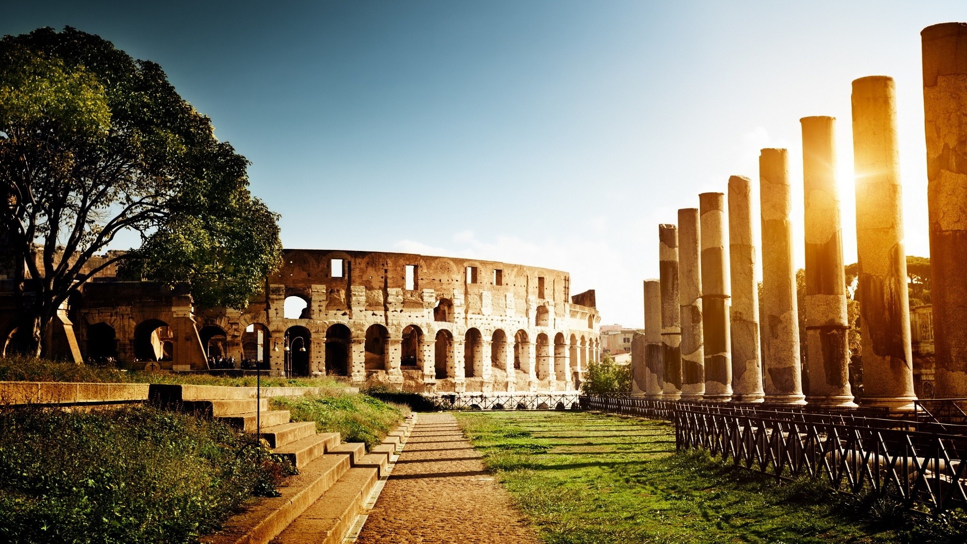 Colosseo, Tempio di Venere e Roma, Colonne, Roma, Controluce, Full HD 1080p, sfondo desktop