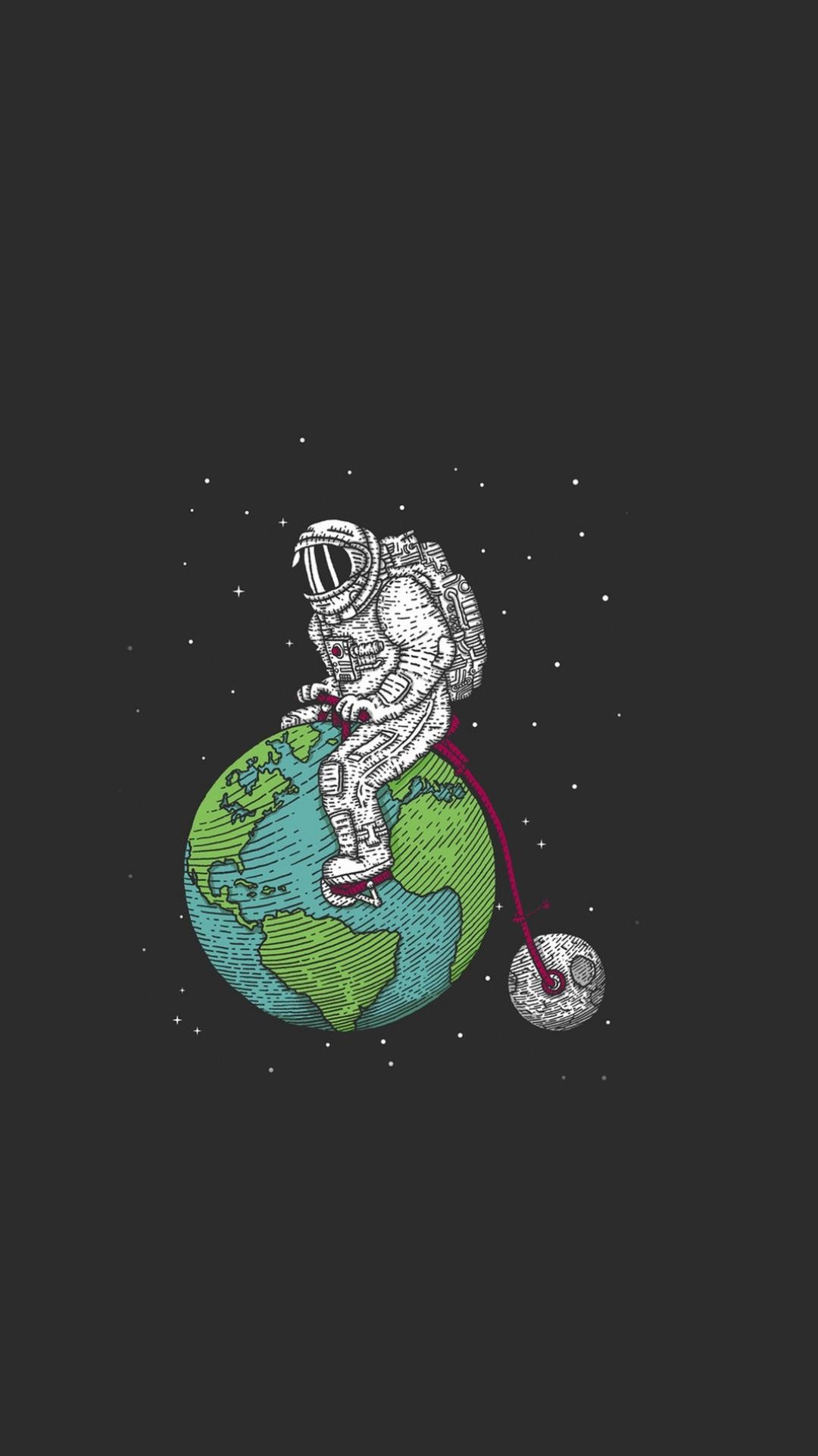 Astronauta, Terra, Luna, Illustrazione, Sfondo grigio, schermata di blocco iPhone 7