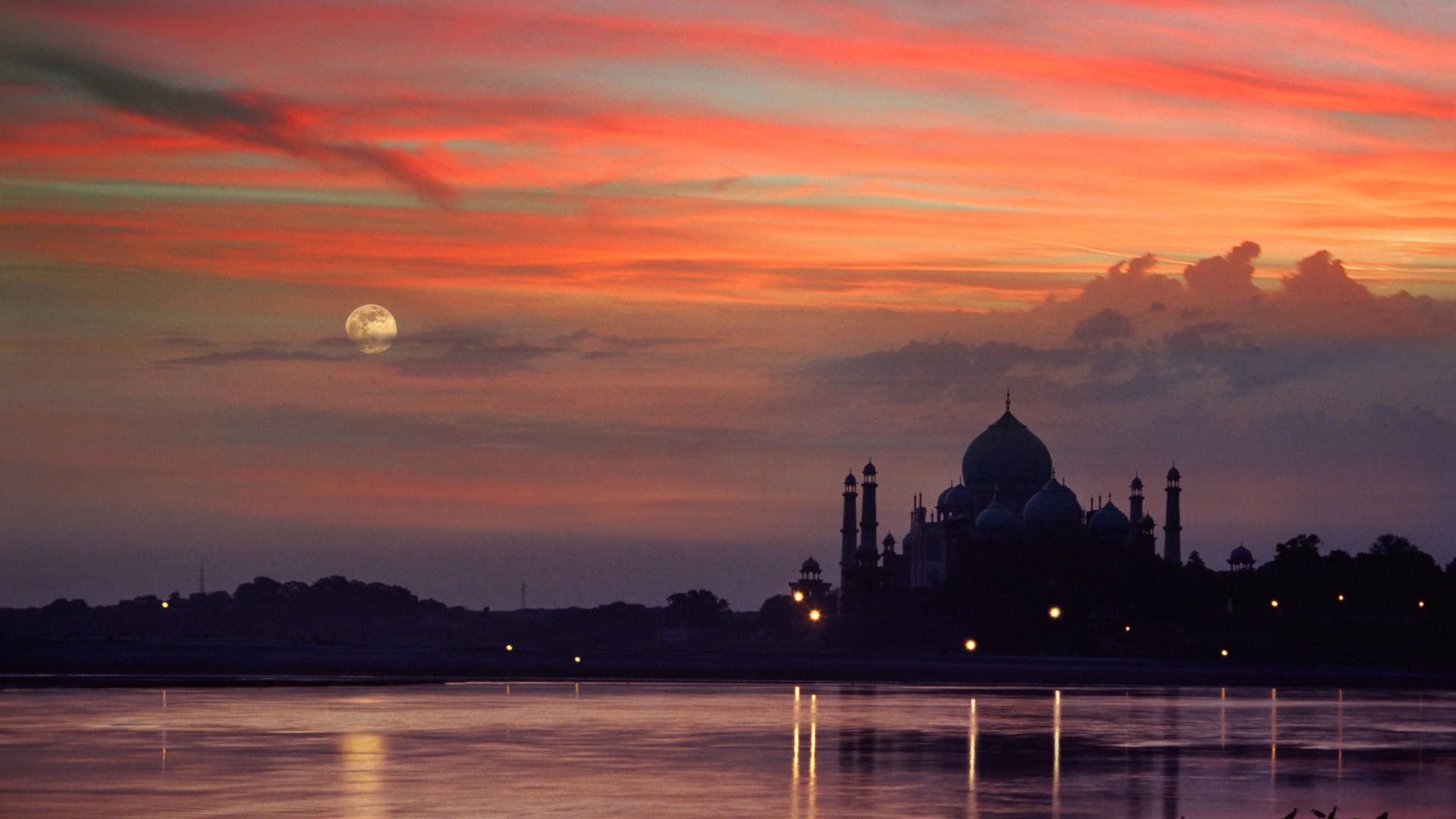 Taj Mahal, Agra, India, Luna, Crepuscolo, Full HD, sfondo per portatile
