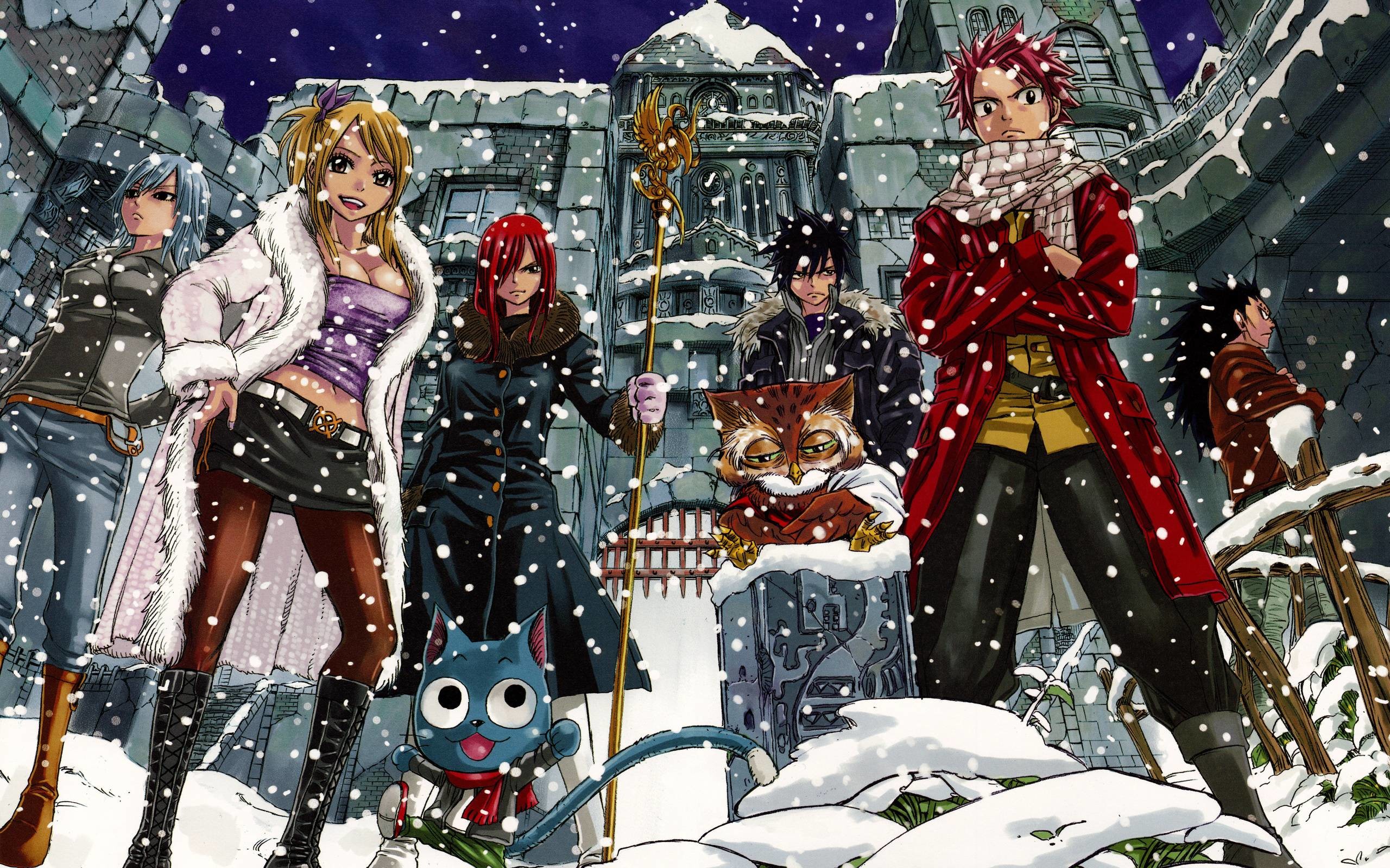 Fairy Tail, Natsu Dragneel, Lucy Heartfilia, Erza Scarlet, Happy, Neve, sfondo 2K per PC