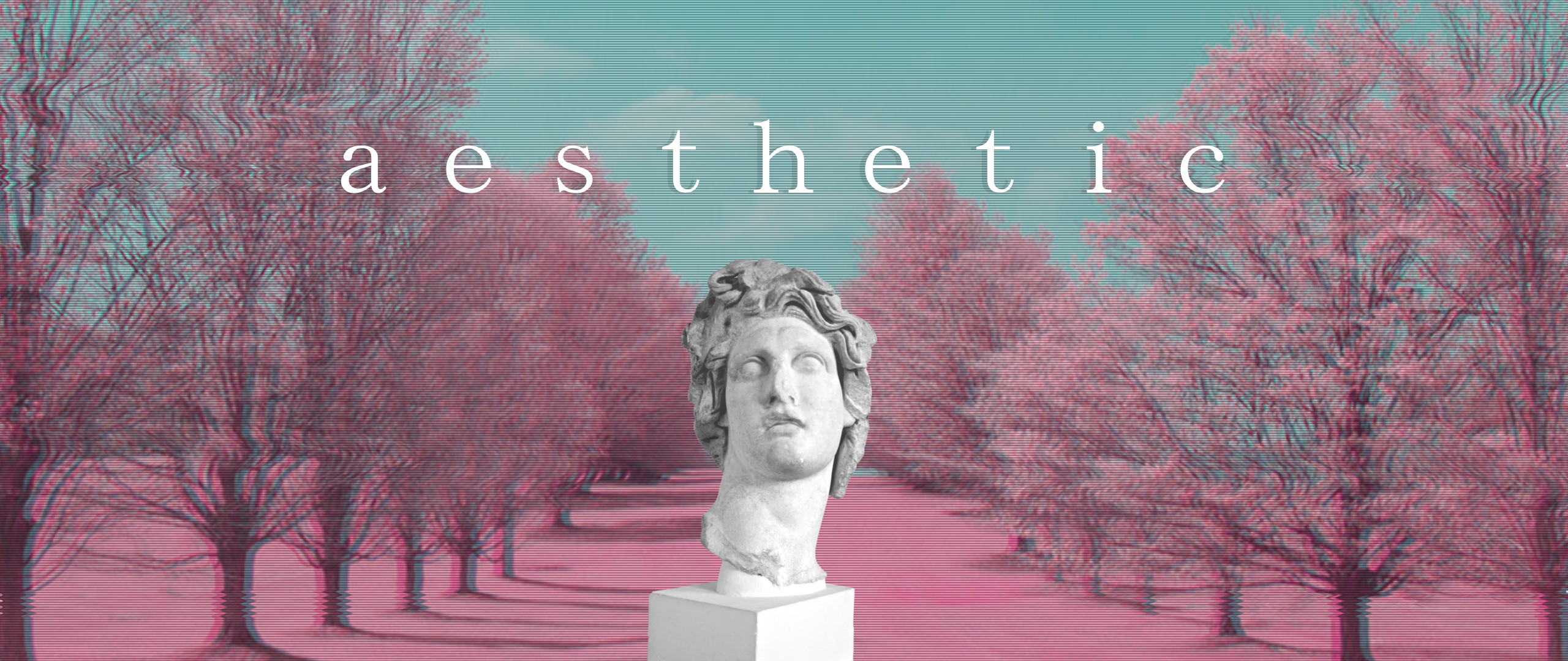 Vaporwave, Aesthetic, Busto classico, Alberi, Rosa, 21:9 1080p, sfondo per monitor ultrawide