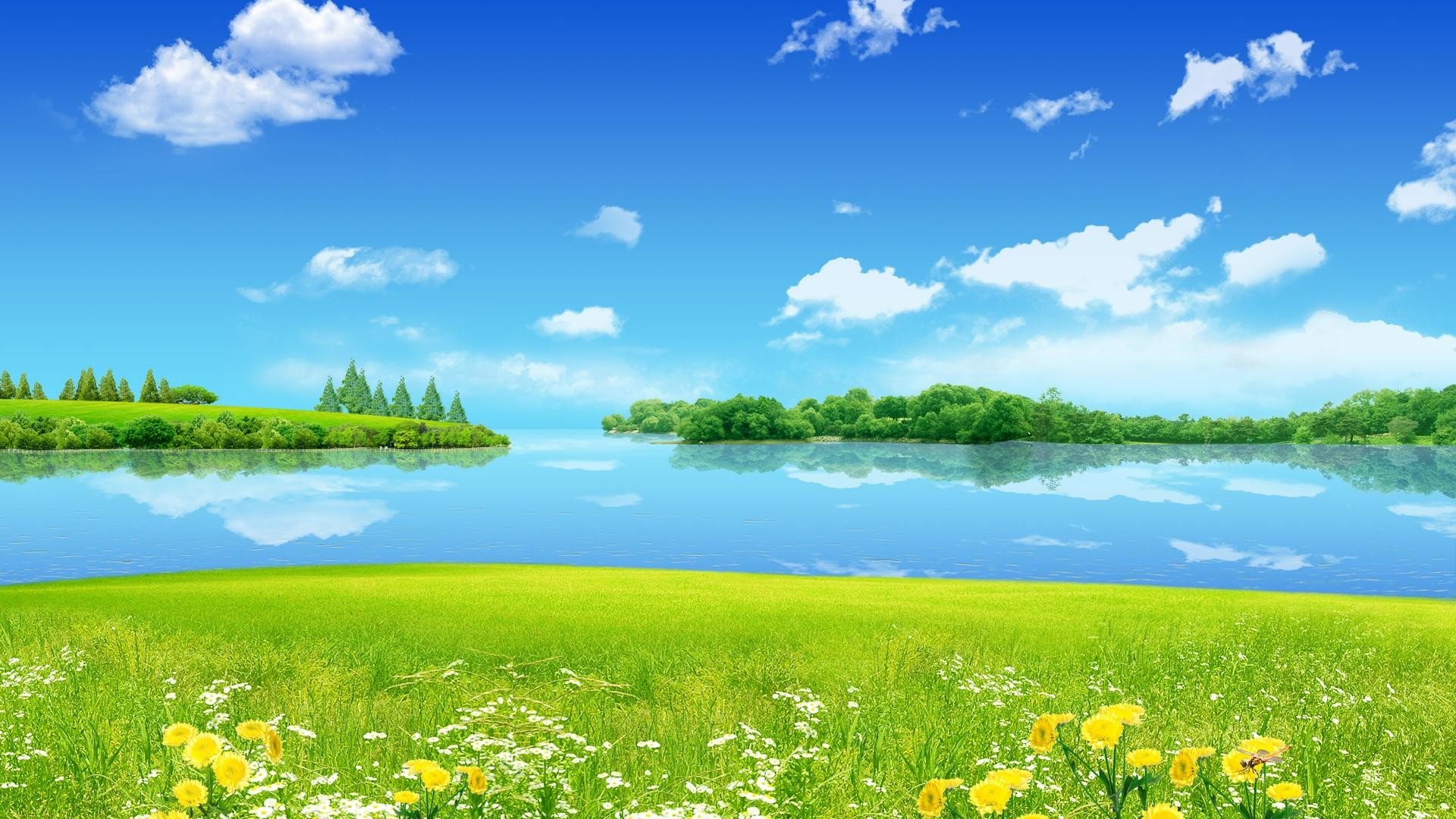 Lago, Prato fiorito, Cielo azzurro, Nuvole, sfondo Full HD per desktop