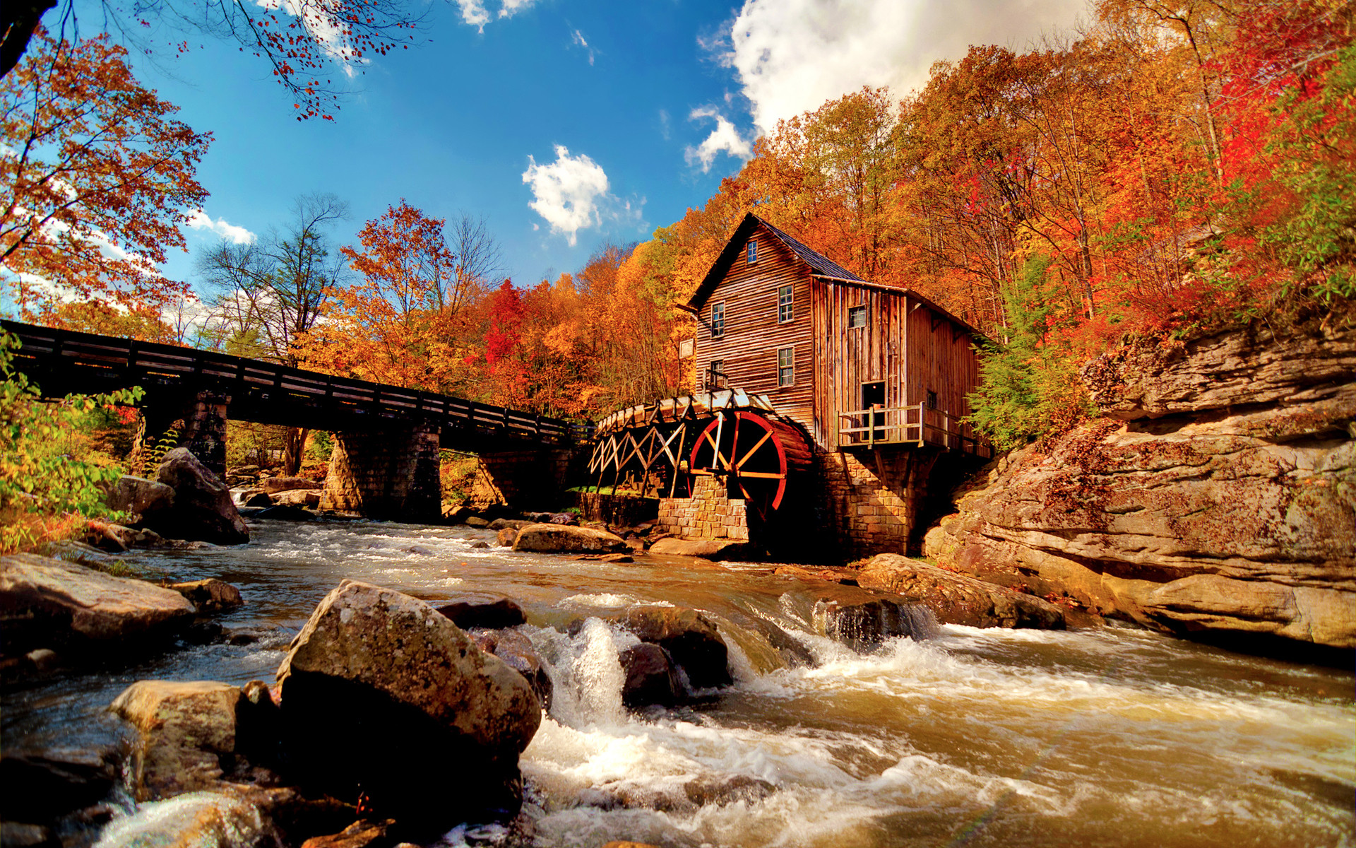 Glade Creek Grist Mill, West Virginia, Mulino ad acqua, Ruscello, Rocce, sfondo per portatile