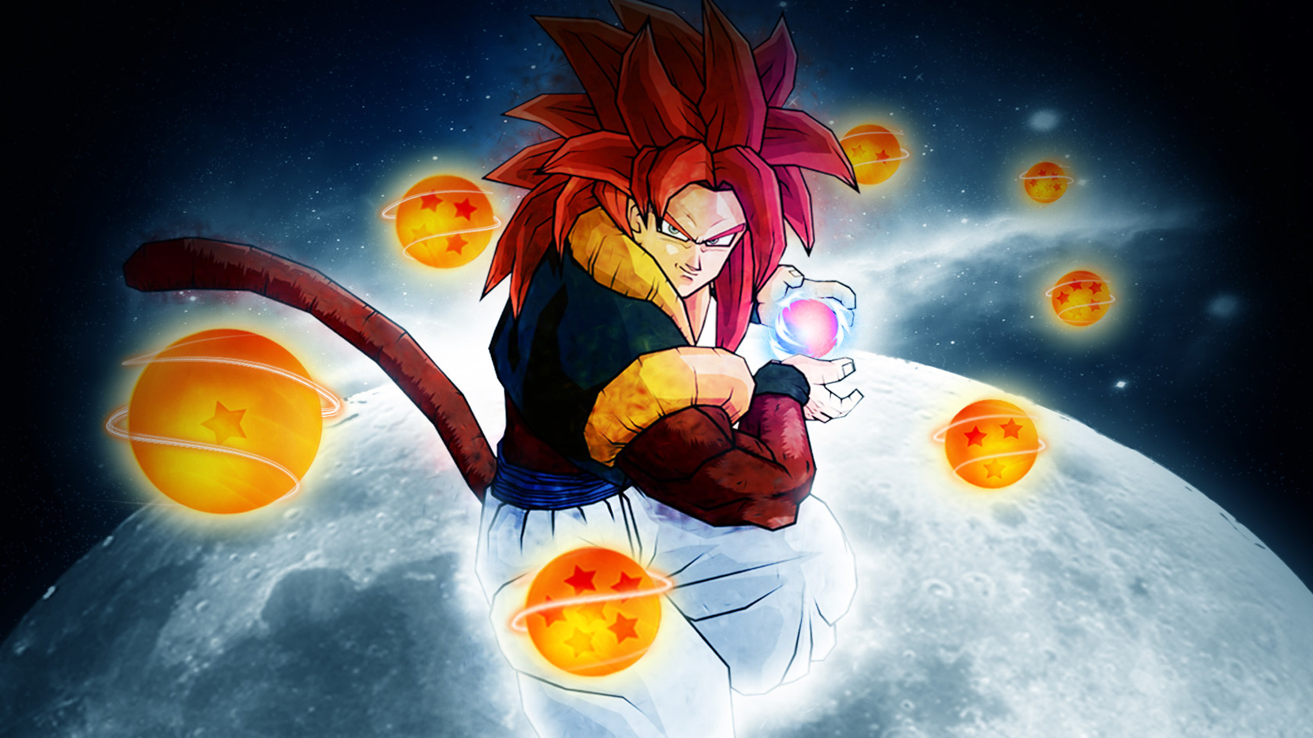Gogeta Super Saiyan 4, Dragon Ball GT, Sfere del Drago, Luna, Anime, sfondo 16:9 2K