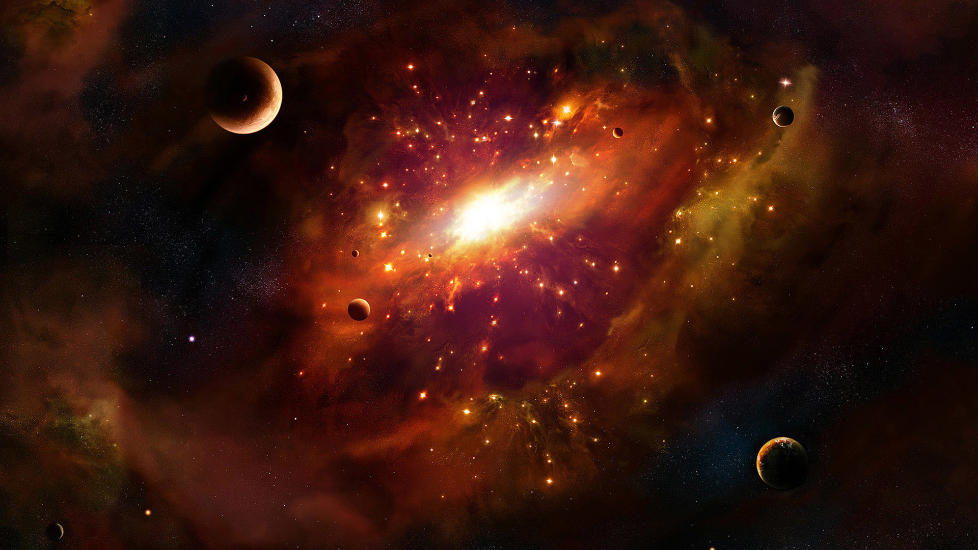 Galassia, Pianeti, Nebulosa, Arancione, Full HD, sfondo per PC