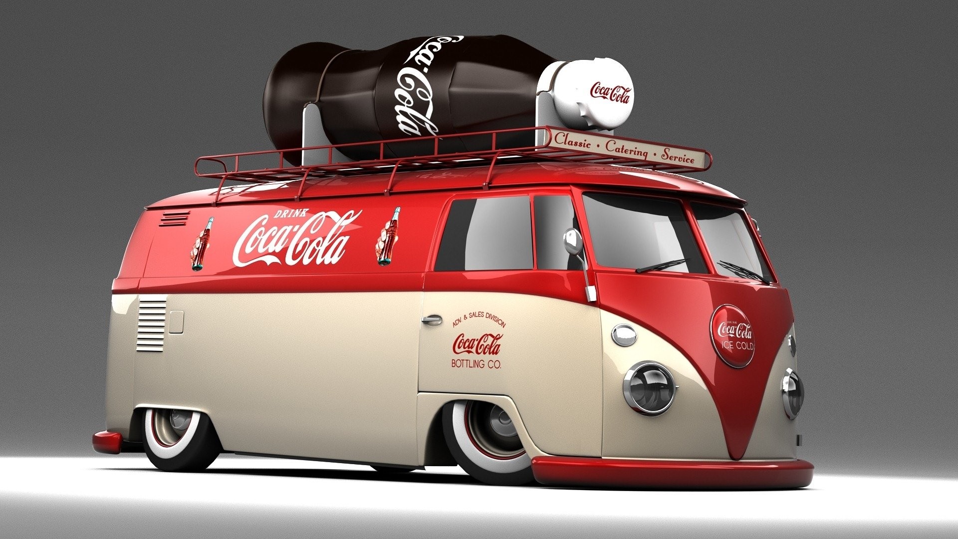 Coca-Cola, Volkswagen Type 2, Furgone, Bottiglia gigante, Rendering 3D, sfondo 1920x1080 per PC