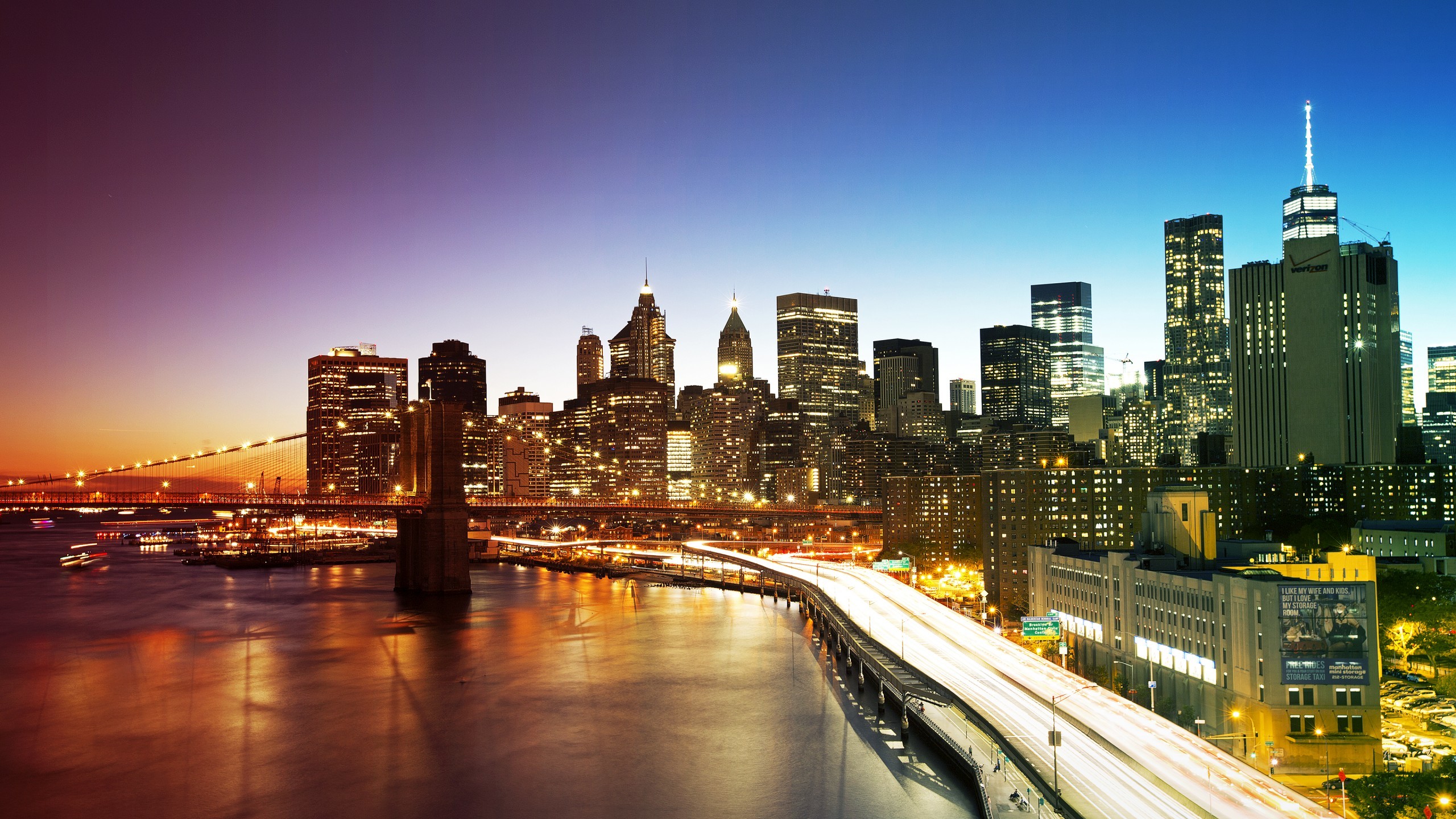 Ponte di Brooklyn, Lower Manhattan, New York, FDR Drive, Crepuscolo, sfondo per portatile