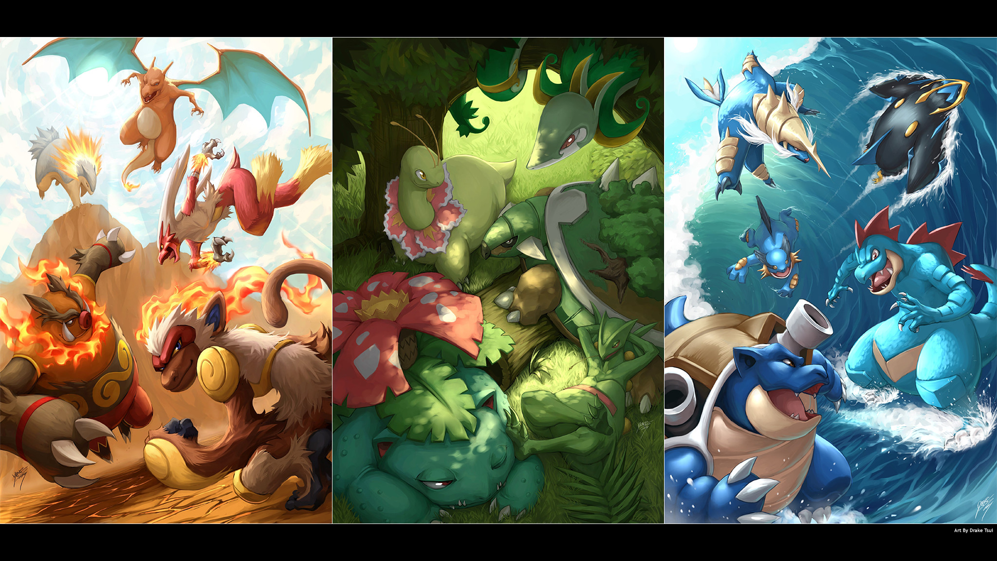 Charizard, Venusaur, Blastoise, Typhlosion, Pokémon, 16:9 Full HD, sfondo widescreen