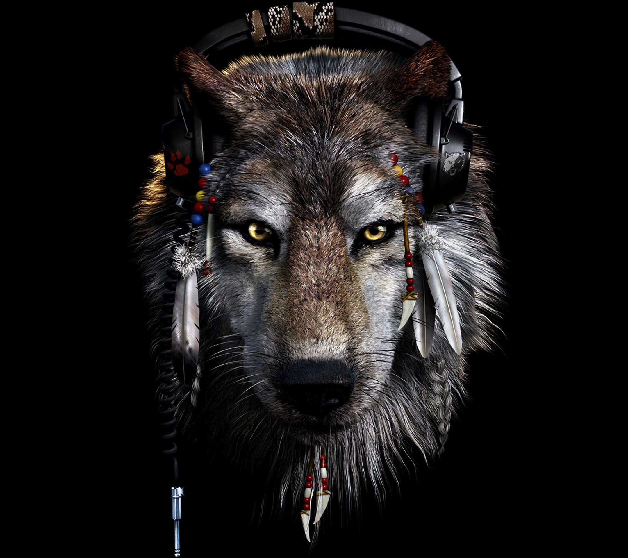 Lupo, Cuffie, Piume, Sfondo nero, Full HD, wallpaper per tablet
