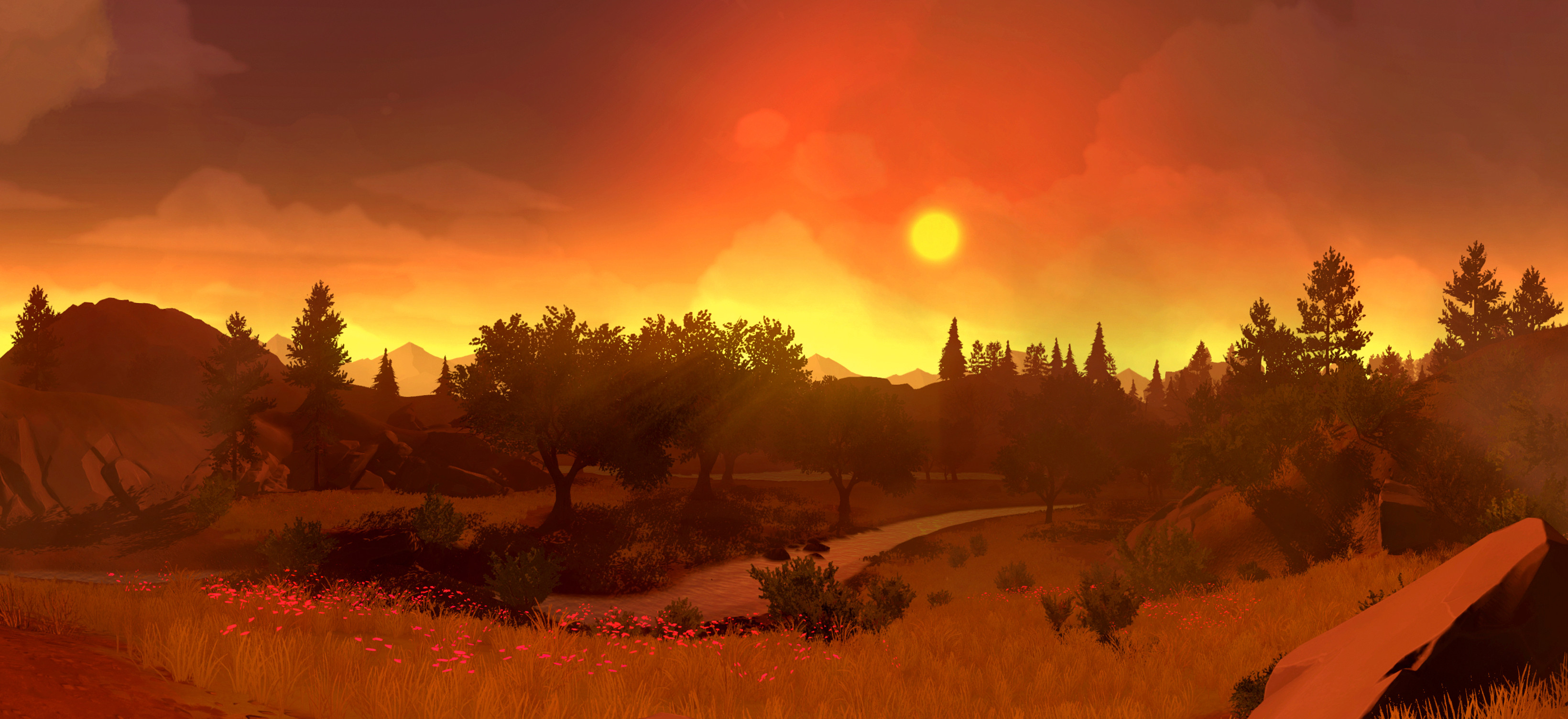 Firewatch, Prato, Sole, Arancione, 2K, sfondo per portatile