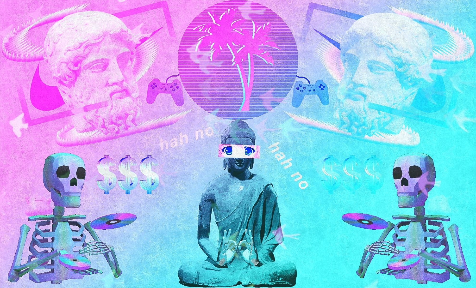 Vaporwave, Busti classici, Scheletri, Buddha, Collage, Full HD, sfondo per portatile