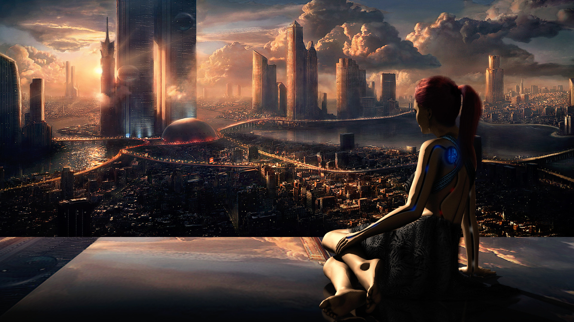 Città futuristica, Ragazza, Tramonto, Grattacieli, Fantascienza, wallpaper per portatile