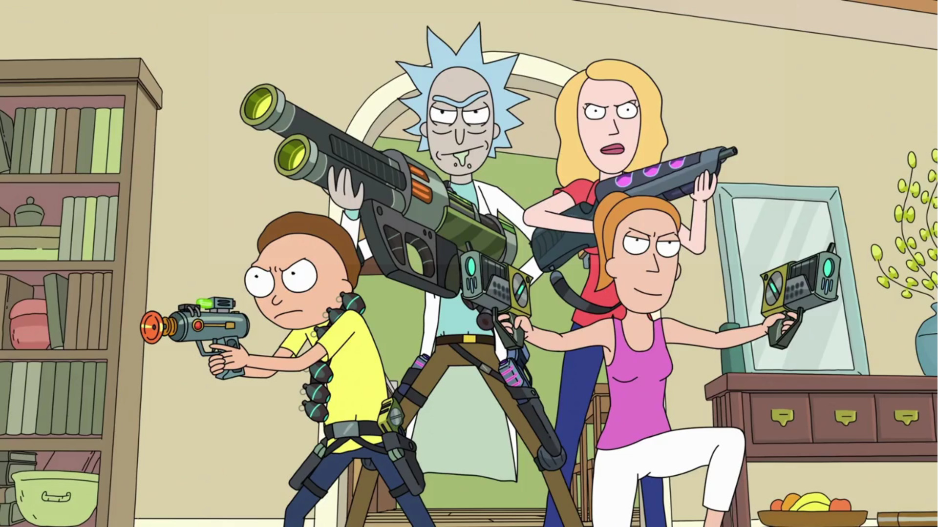 Rick Sanchez, Morty Smith, Beth Smith, Summer Smith, Armi laser, sfondo Full HD per PC