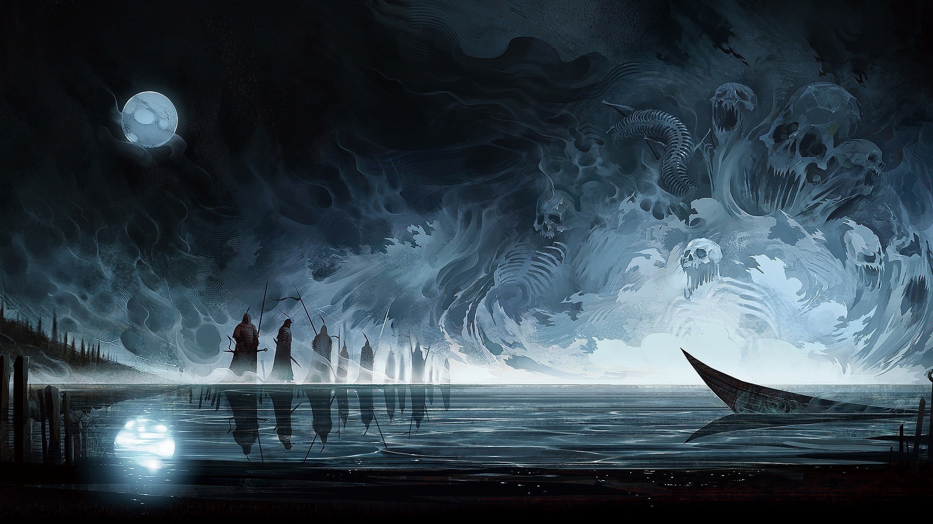Teschi, Lago, Luna, Dark fantasy, Full HD, wallpaper per PC