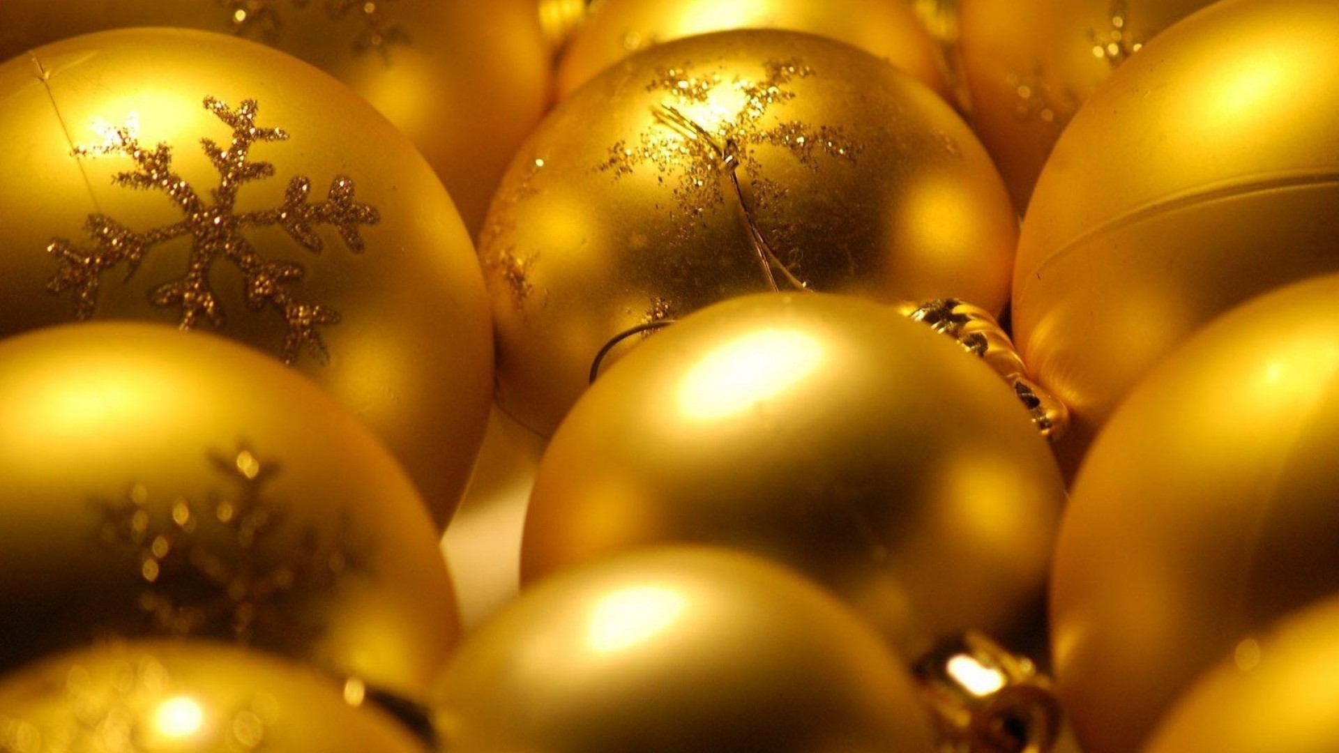 Palline dorate, Fiocchi di neve, Natale, Oro, 1920x1080, sfondo per PC