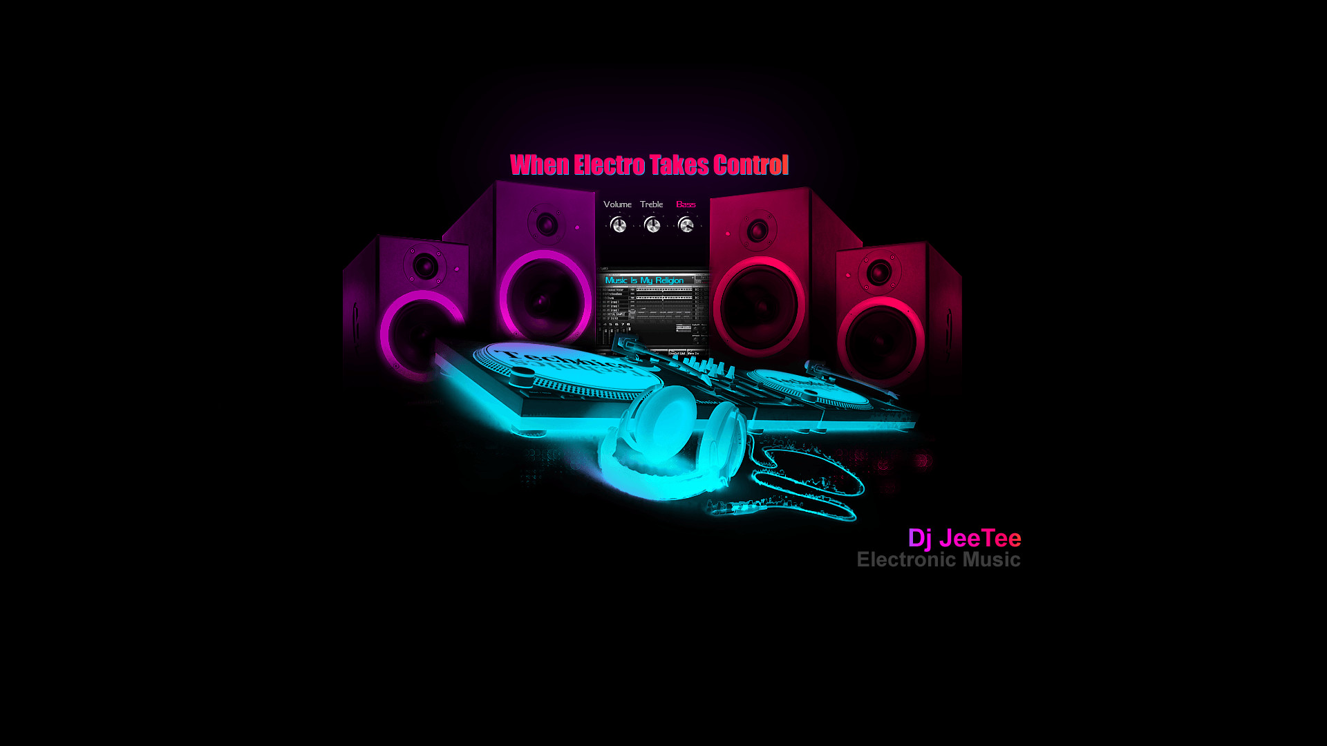 DJ JeeTee, Casse, Cuffie, Sfondo nero, Full HD, wallpaper per portatile