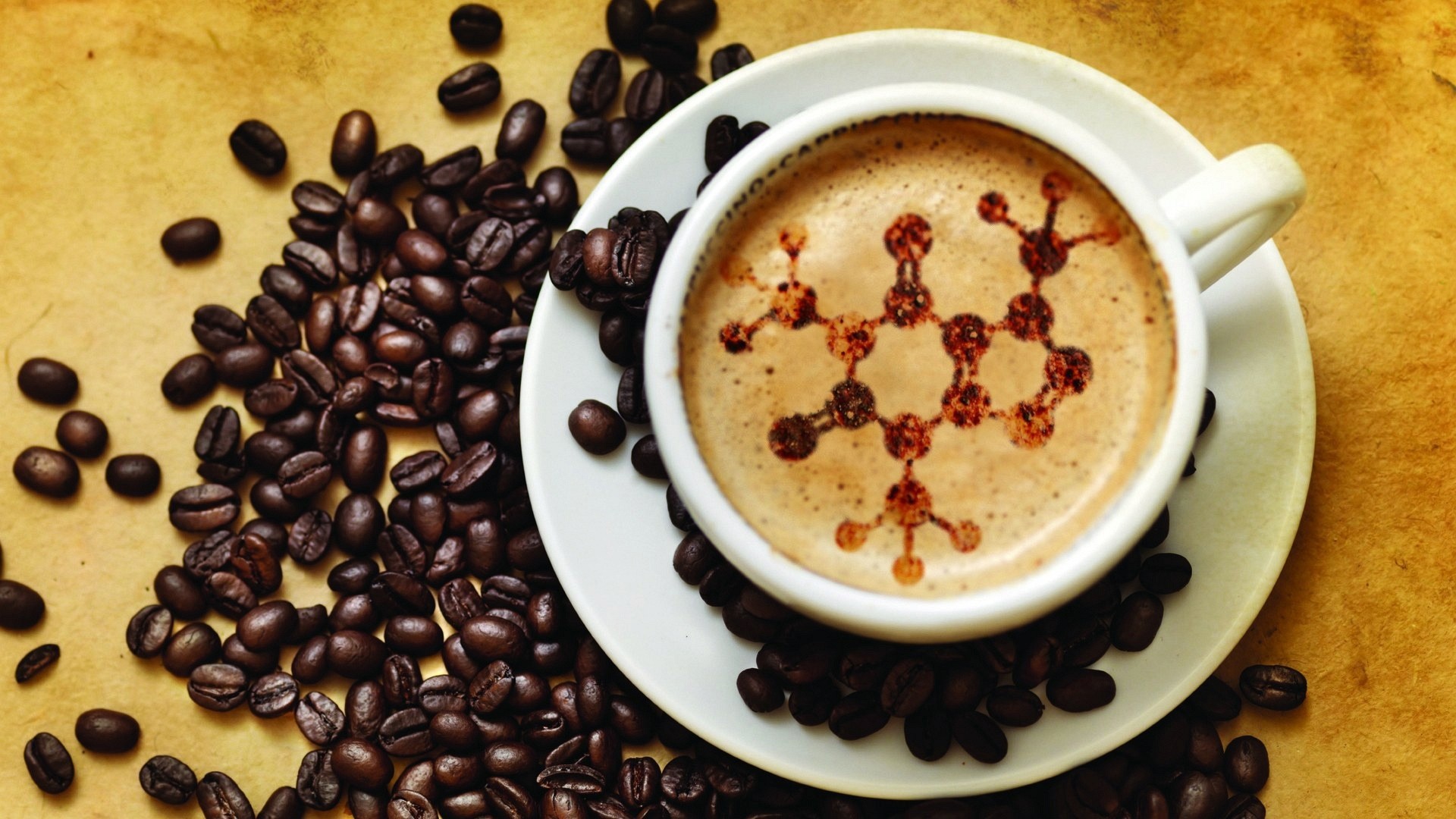 Molecola di caffeina, Latte art, Cappuccino, Chicchi di caffè, Full HD, wallpaper desktop
