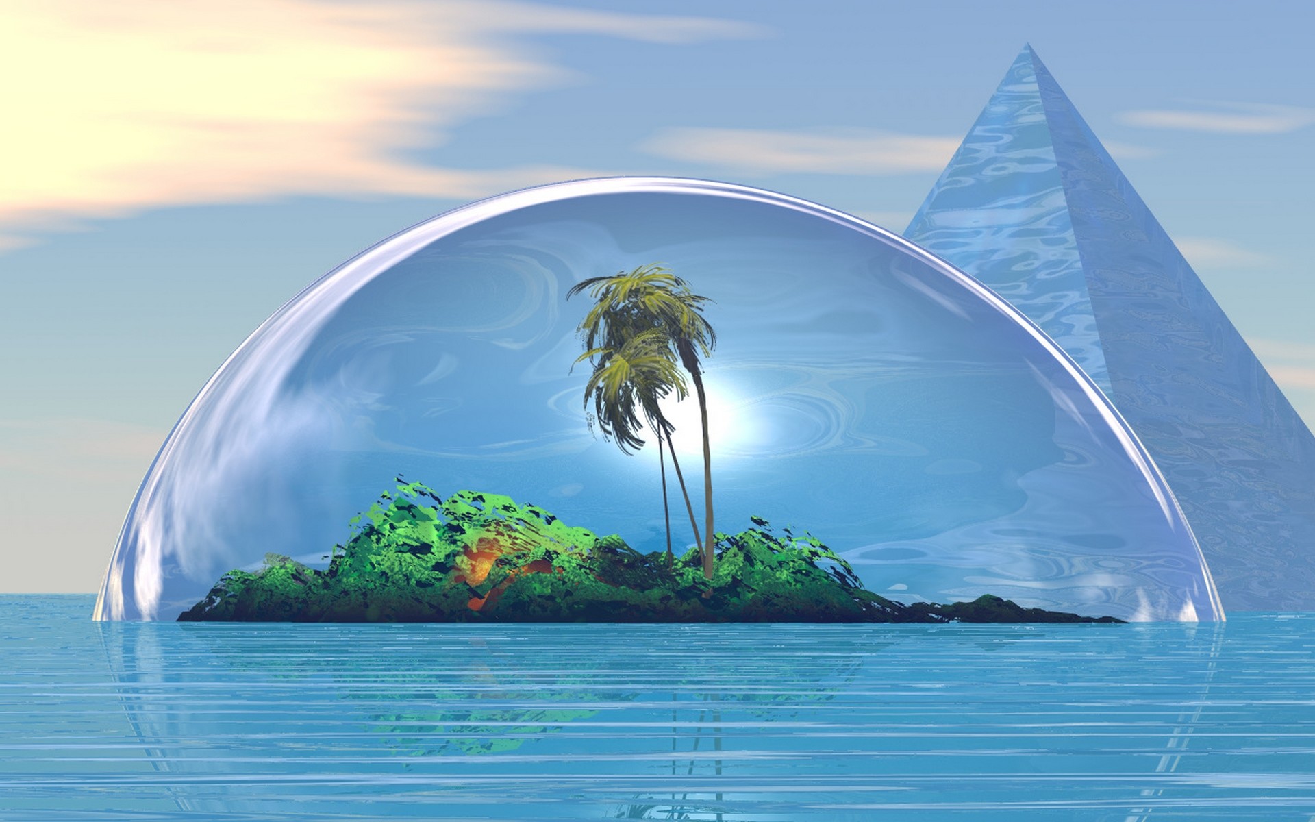 Isola, Cupola di vetro, Piramide, Arte 3D, Surreale, 1920x1200, sfondo MacBook Pro