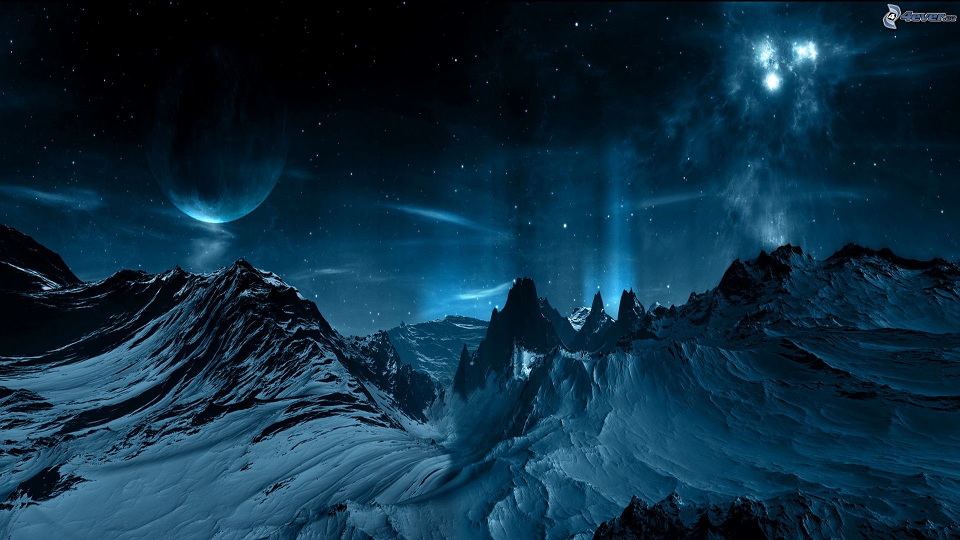 Montagne innevate, Pianeta, Paesaggio alieno, Notte, Blu, Full HD, sfondo per portatile