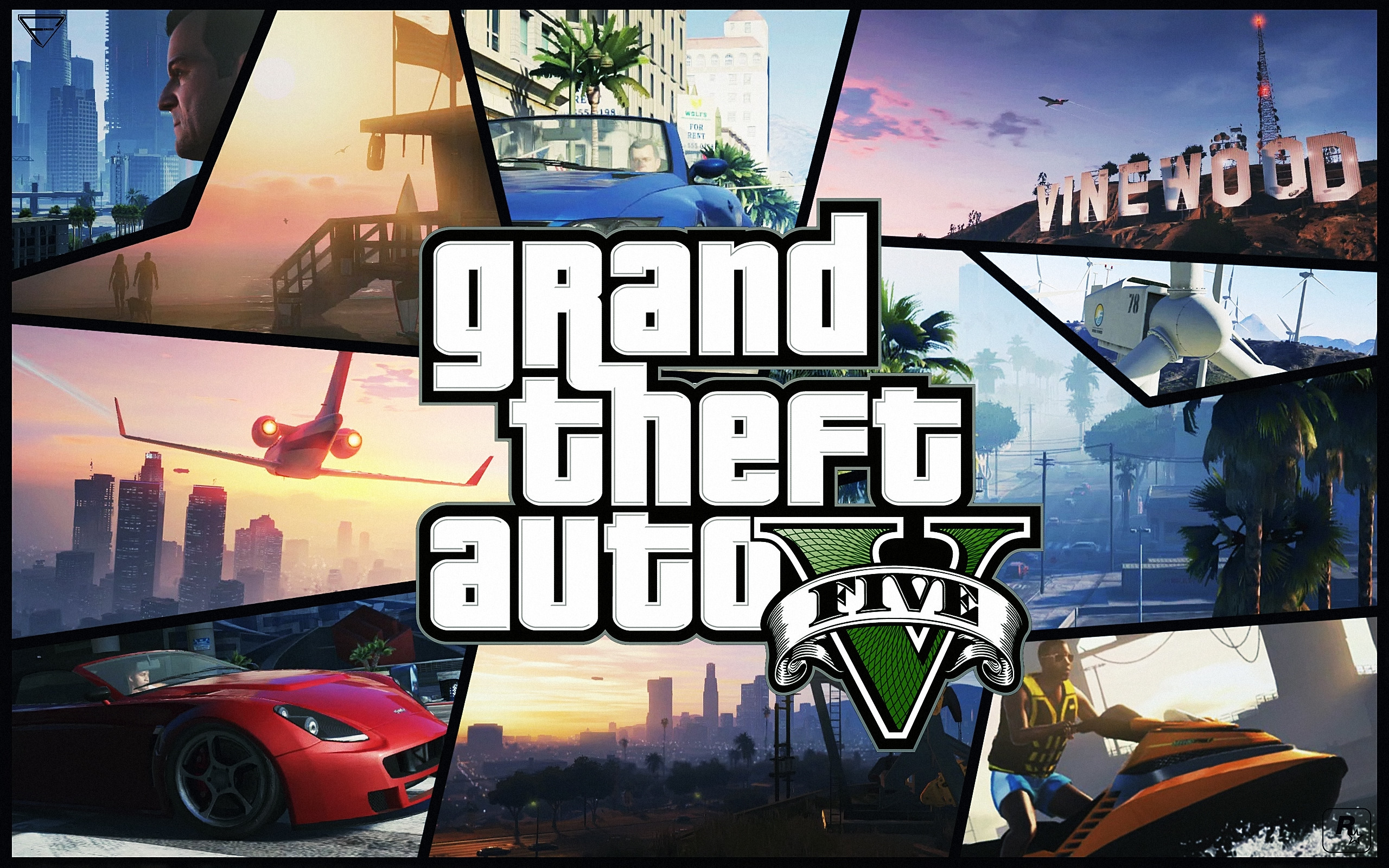 Grand Theft Auto V, Logo, Collage, Insegna Vinewood, 2560x1600, wallpaper desktop