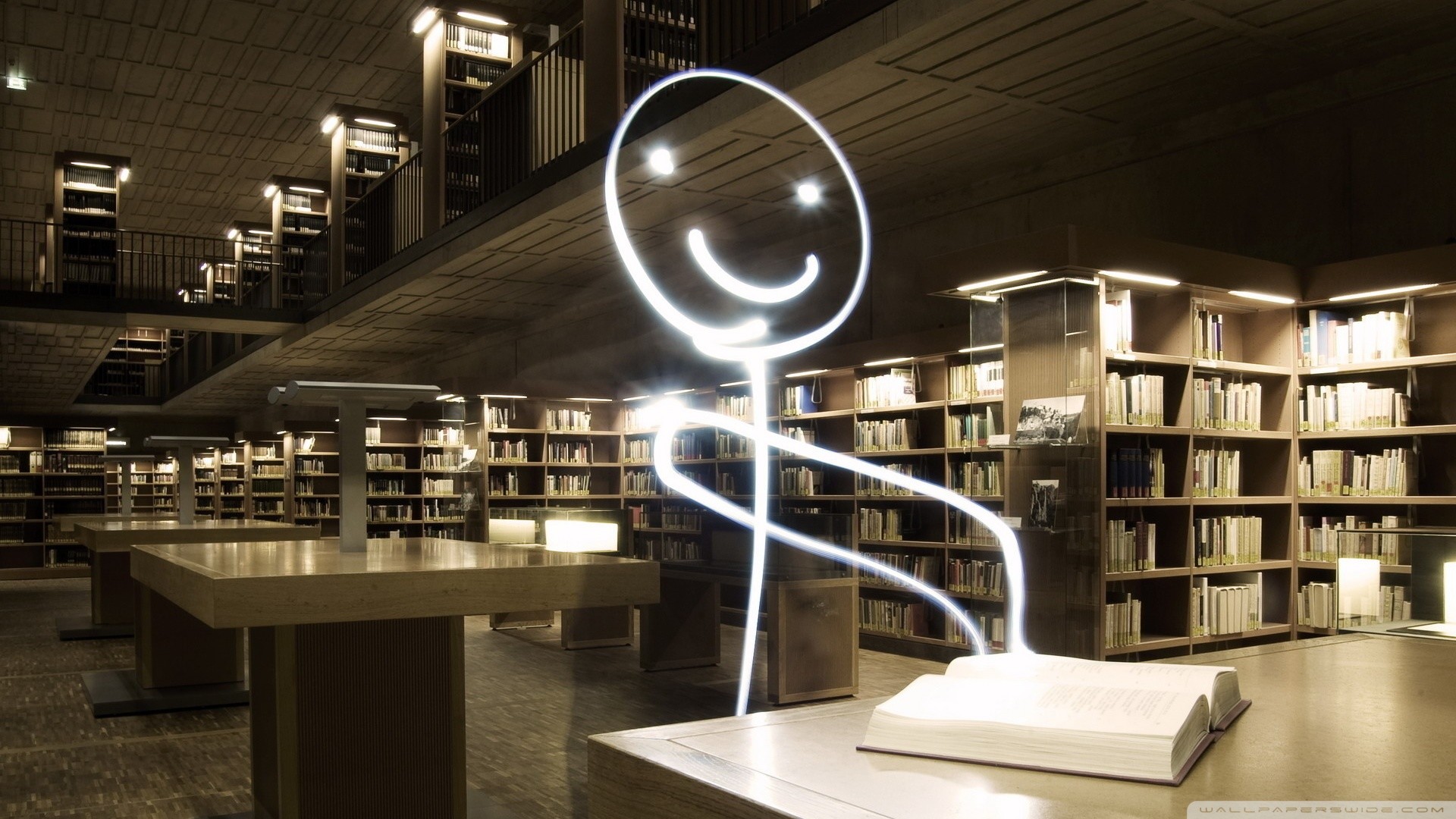 Biblioteca, Omino stilizzato, Light painting, Libro, Full HD, sfondo per portatile
