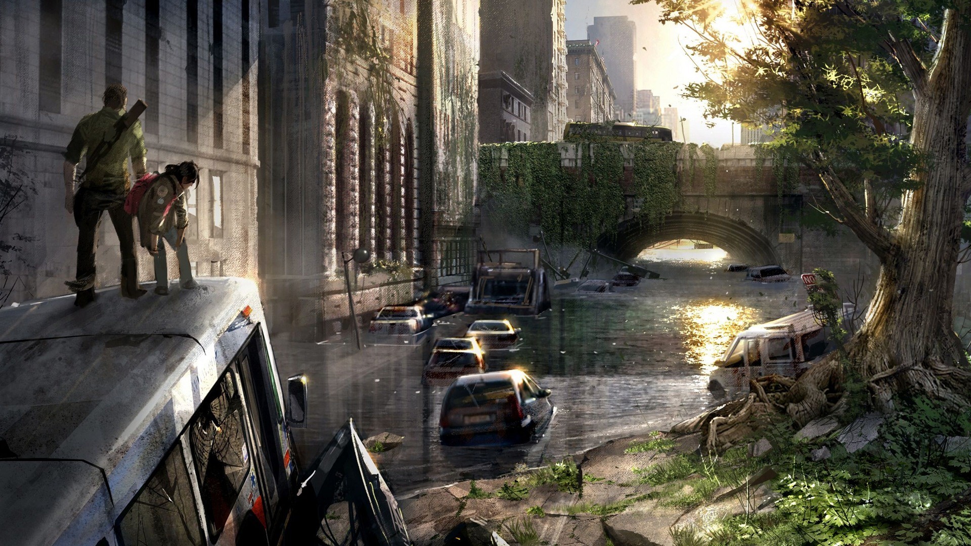 The Last of Us, Joel, Ellie, Città allagata, Rovine urbane, Full HD 1080p, sfondo desktop
