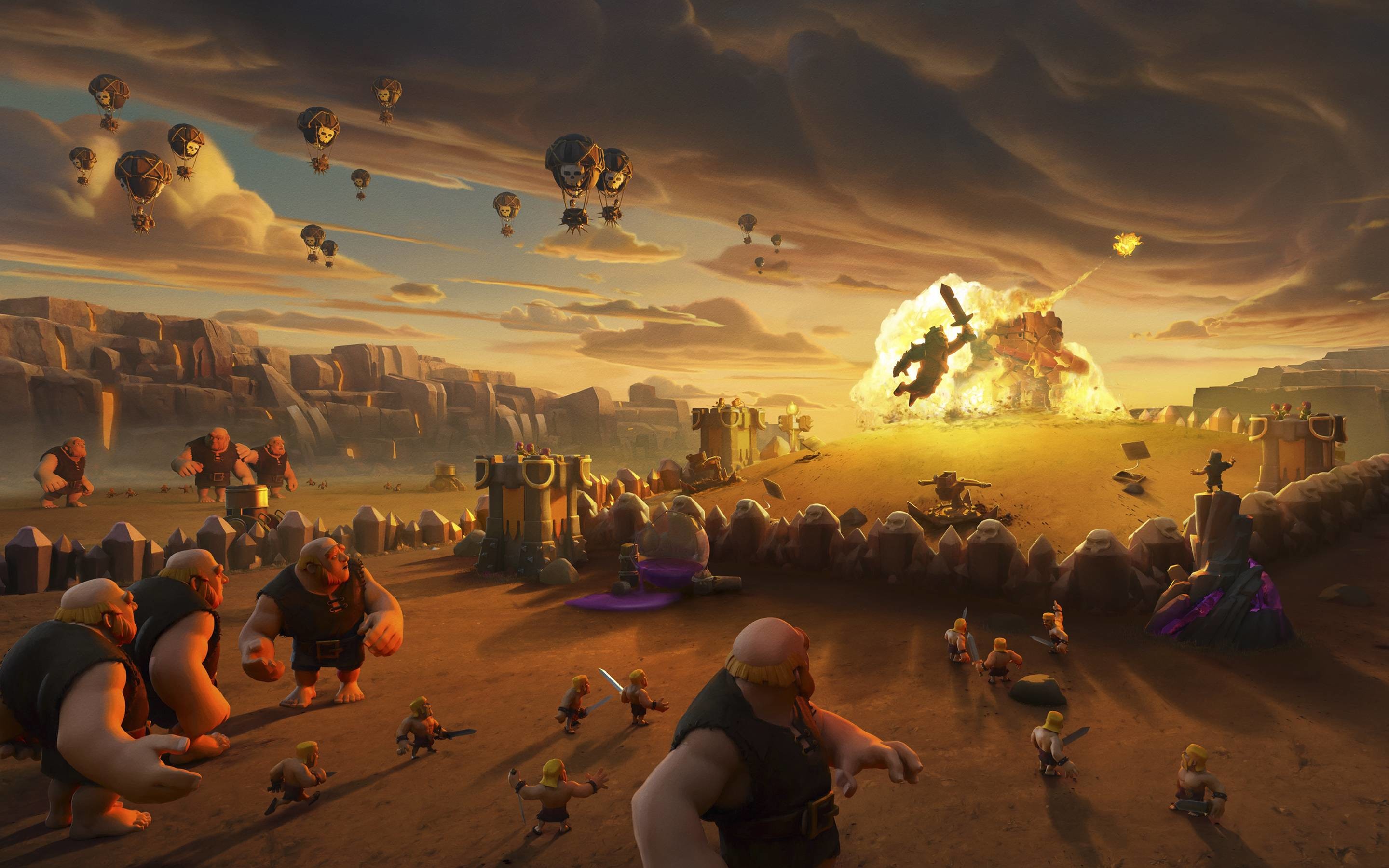 Clash of Clans, Giganti, Esplosione, Battaglia, Tramonto, 16:10 2K, sfondo widescreen