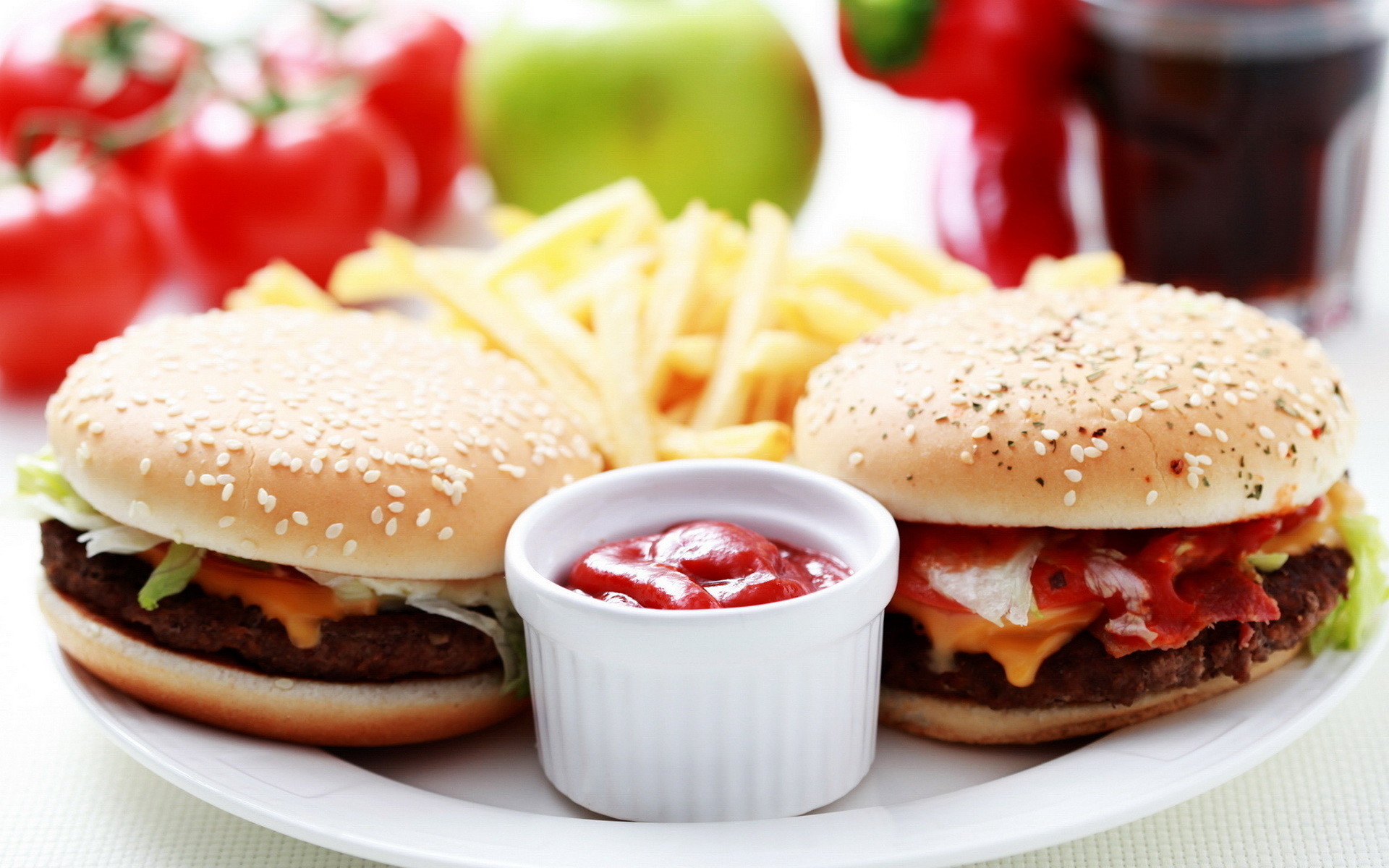 Hamburger, Cheeseburger, Patatine fritte, Ketchup, 16:10 Full HD, sfondo widescreen