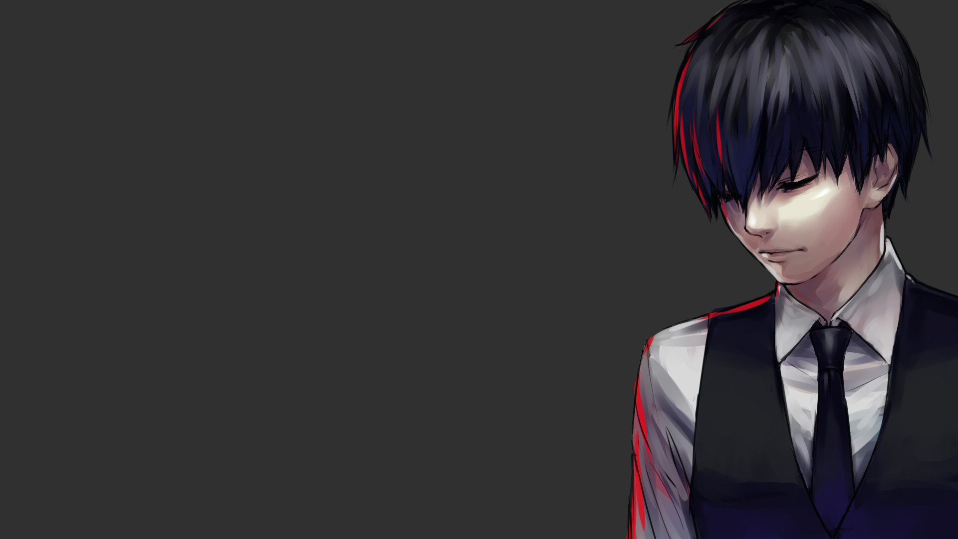 Ken Kaneki, Tokyo Ghoul, Capelli neri, Sfondo grigio, 1920x1080, wallpaper desktop