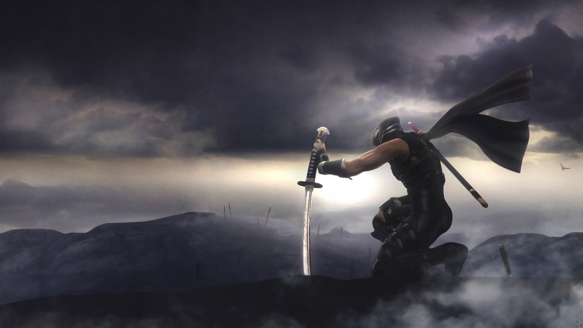 Ryu Hayabusa, Ninja Gaiden, Katana, Nuvole, 1920x1080, sfondo per PC