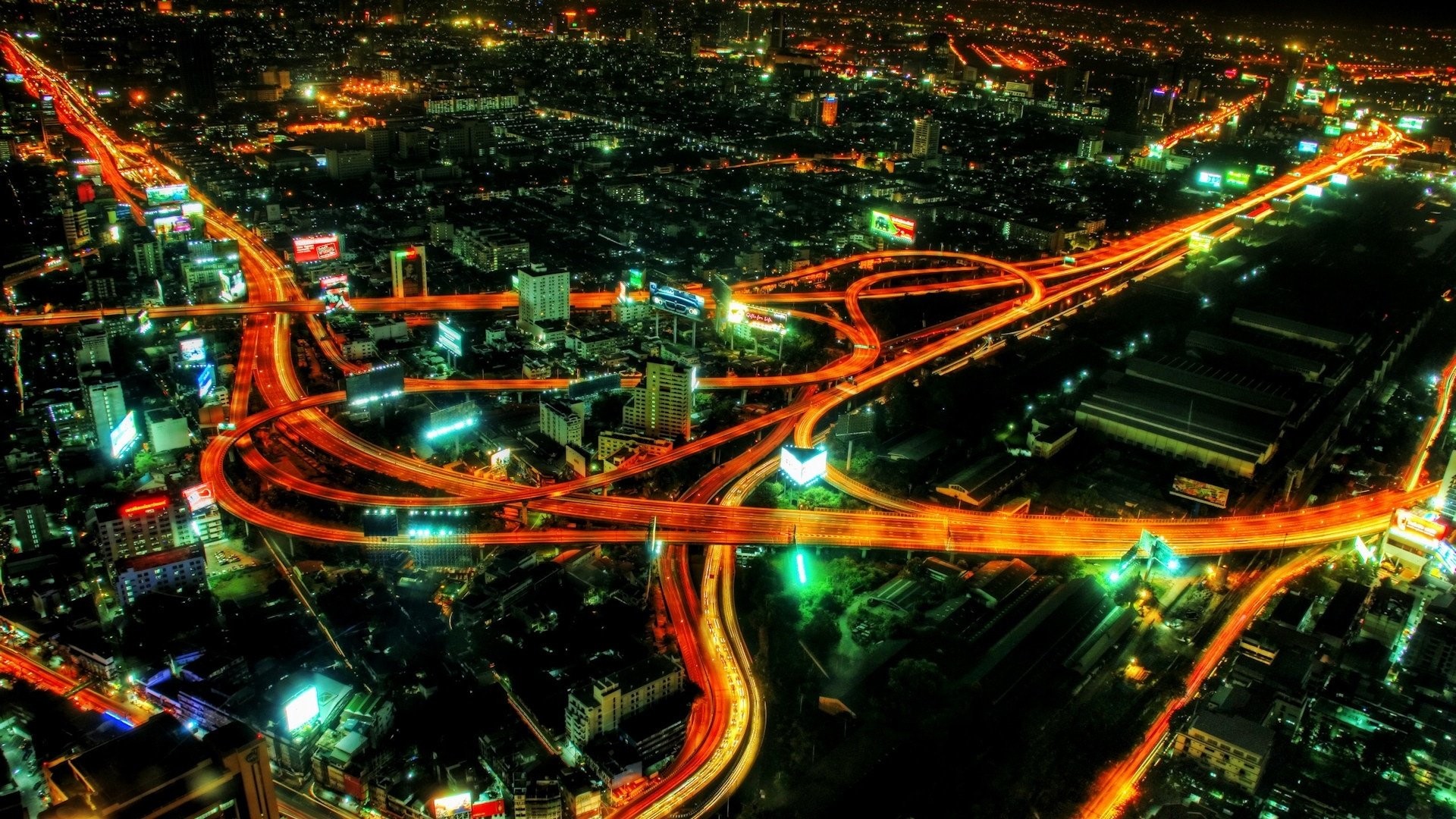 Città notturna, Svincolo, Vista aerea, Luci, Strade, sfondo PC